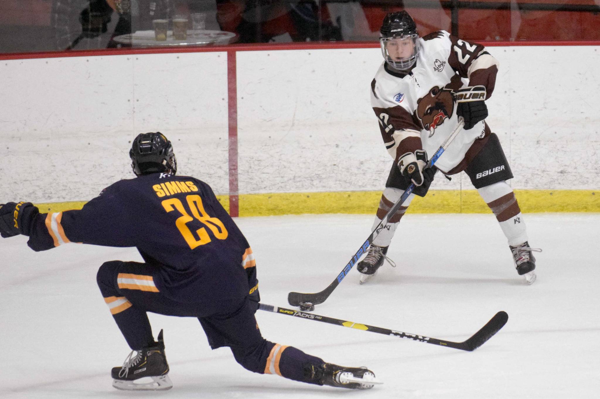 Kenai River Brown Bears forward Peter Morgan makes a pass against the Springfield (Illinois) Jr. Blues on Friday, Nov. 15, 2019, at the Soldotna Regional Sports Complex in Soldotna, Alaska. (Photo by Jeff Helminiak/Peninsula Clarion)