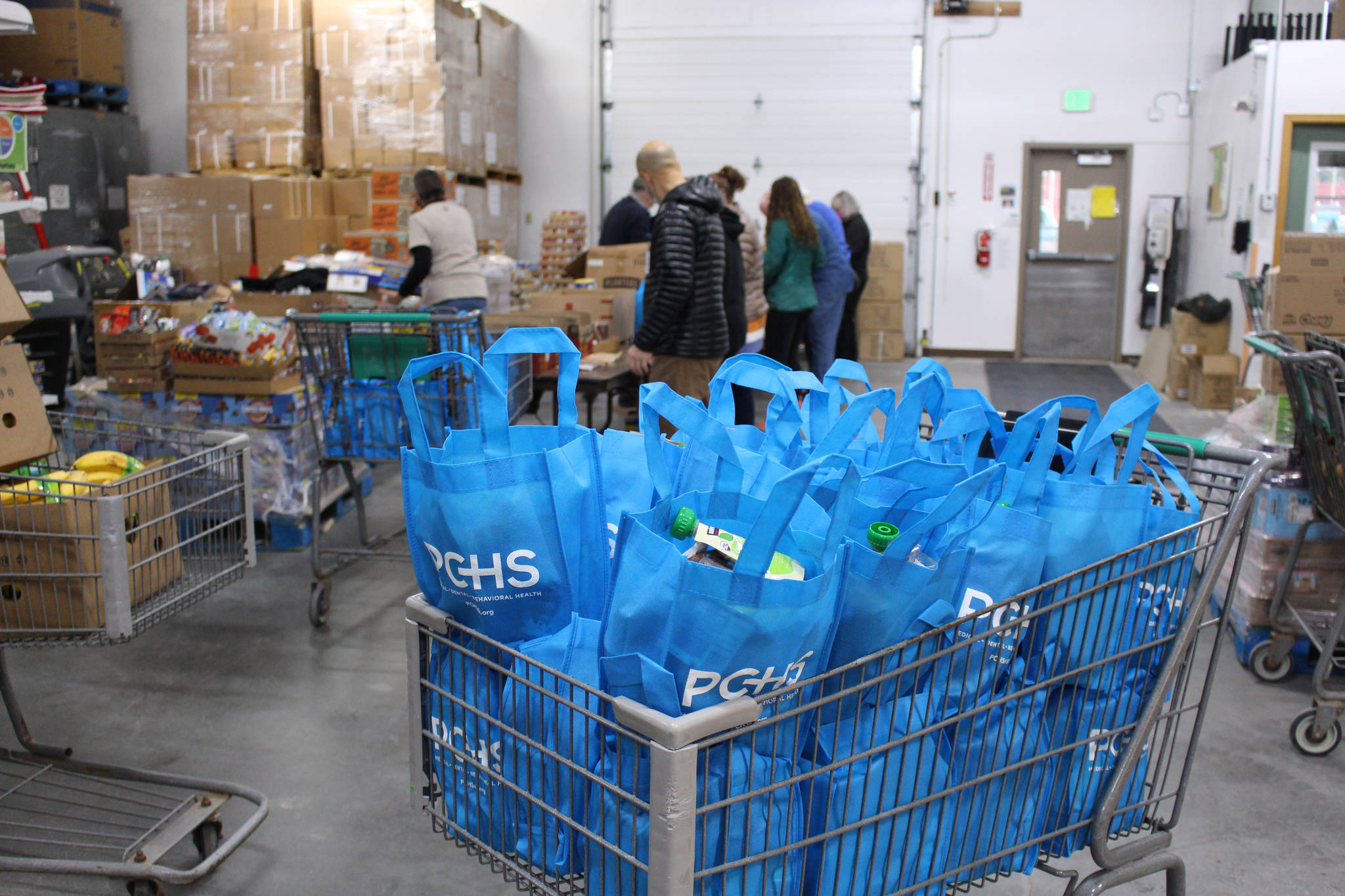 Bags of shelf-stable food to be distributed for Project Homeless Connect are seen here at the Kenai Peninsula Food Bank in Soldotna, Alaska on Jan. 23, 2021. (Photo by Brian Mazurek/Peninsula Clarion)