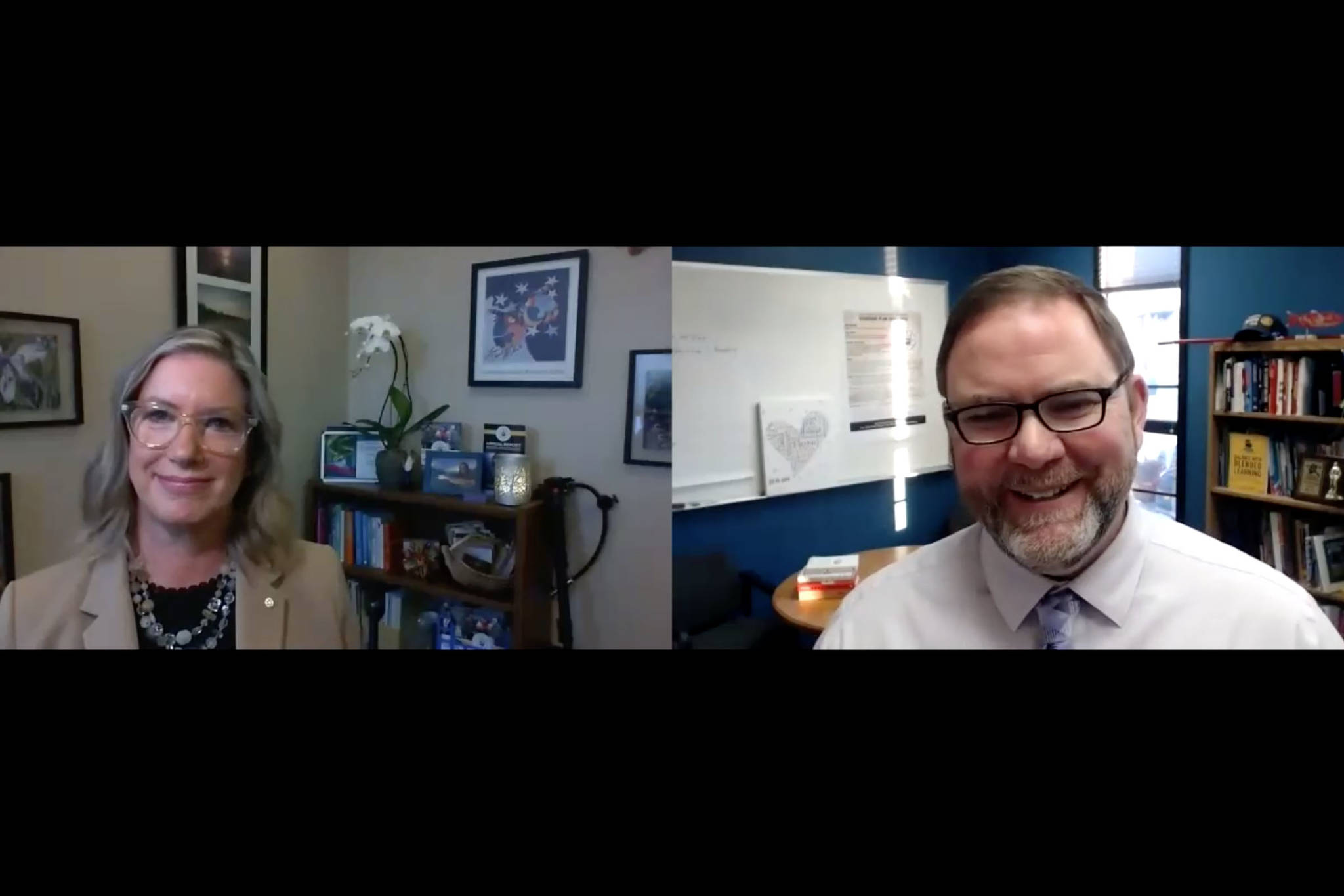 Pegge Erkeneff (left) virtually interviews Dr. Clayton Holland (right) on Monday, Jan. 25, 2021. (screenshot)