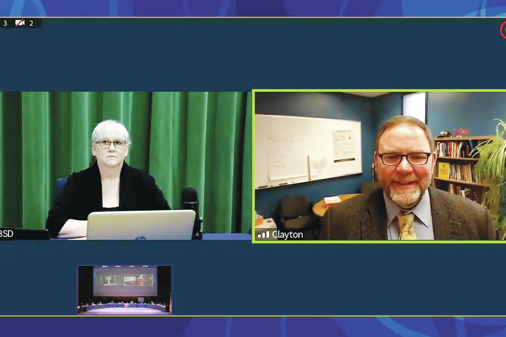 Debbie Cary (left) moderates a virtual interview with Clayton Holland on Tuesday, Jan. 26 in Kenai, Alaska. (Screenshot)