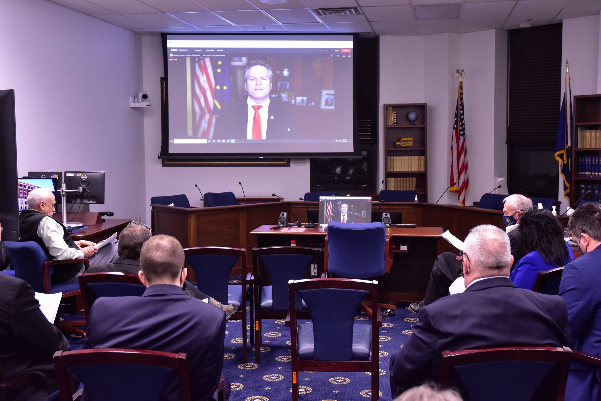 Republican members of the House of Representatives gather in a conference room at the Alaska State Capitol on Thursday, Jan. 28, 2021, to watch the governor's State of the State address. (Peter Segall/Juneau Empire)
