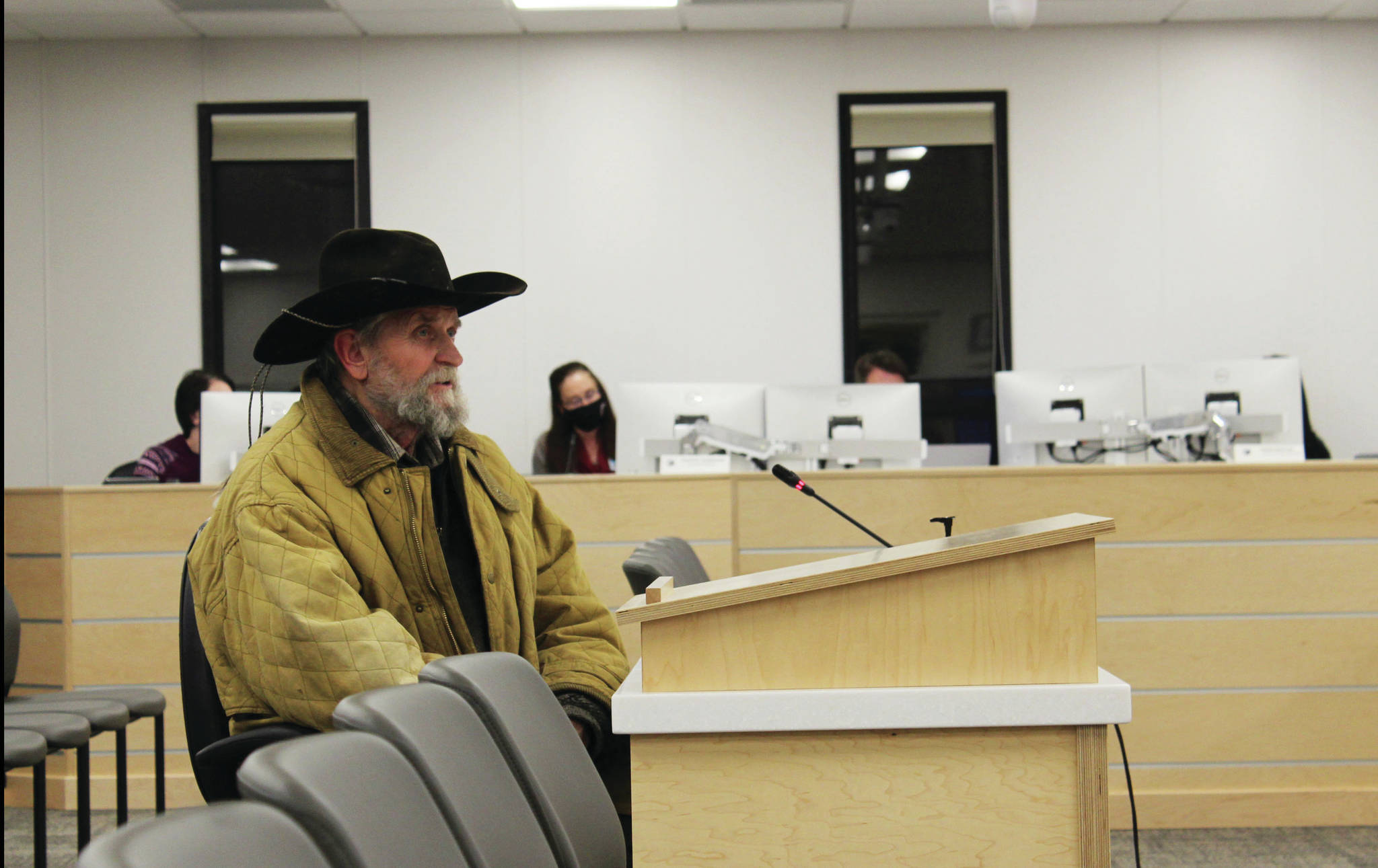Robert Gibson testifies before the Kenai Peninsula Borough Assembly on Tuesday, Jan. 5 in Soldotna, Alaska. (Ashlyn O’Hara/Peninsula Clarion)