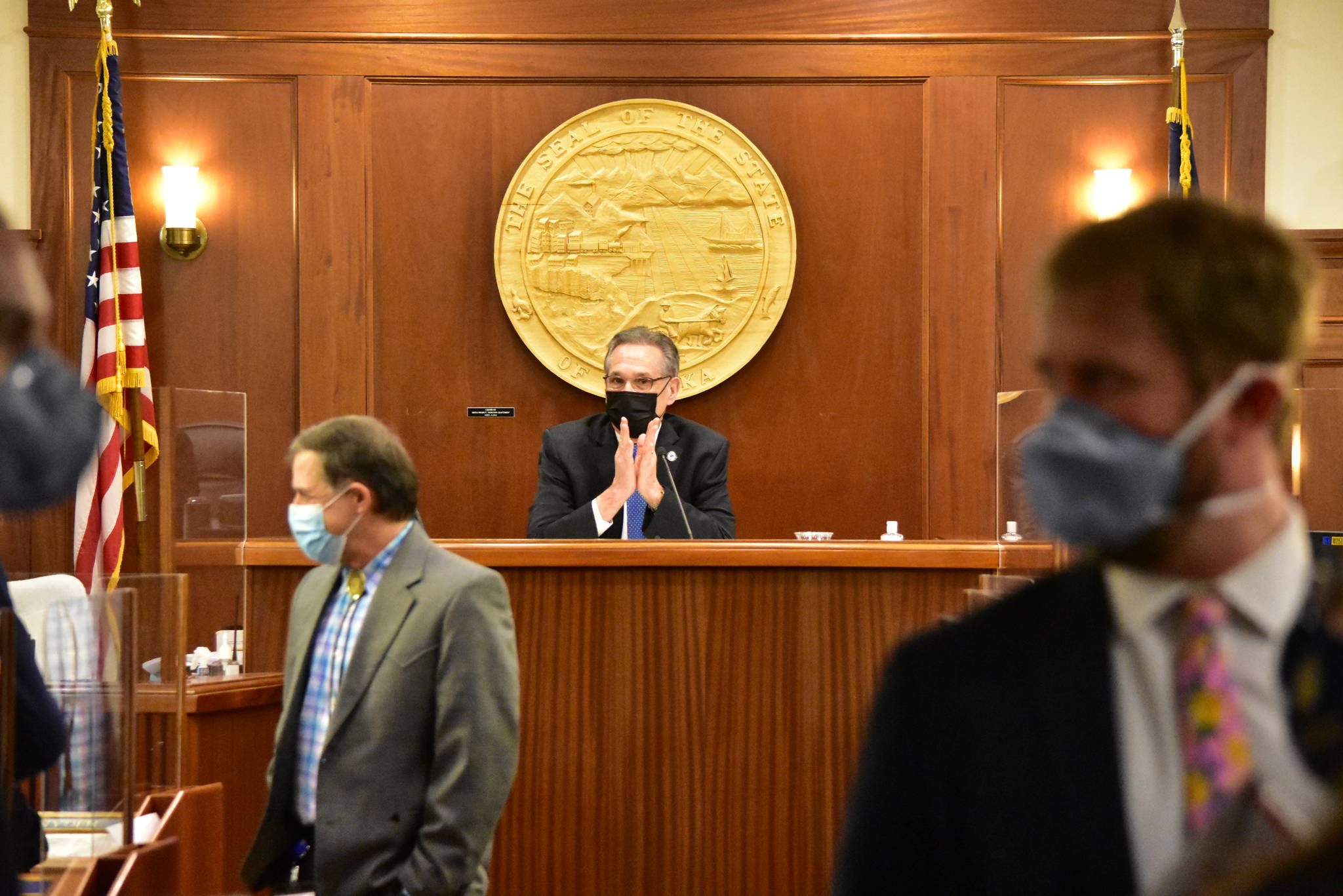 Lt. Gov. Kevin Meyer, seen here sitting in the Speaker’s chair in the Alaska House of Representatives chamber on Monday, Jan. 25, 2021, presided over yet another House session where lawmakers failed to organize. Feb. 1, marked the third straight week of deadlock in the House. Lawmakers will meet again Tuesday morning. (Peter Segall / Juneau Empire)