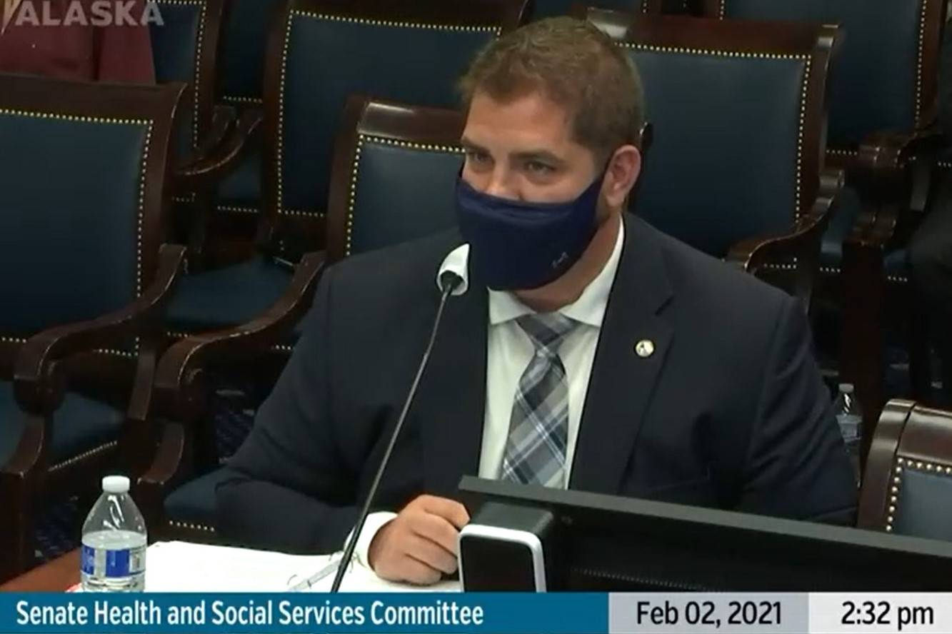 This still image from Gavel Alaska shows Department of Health and Social Services Commissioner Adam Crum as he speaks to a Senate committee on Tuesday, Feb. 2, 2021. Lawmakers questioned Crum on the legality of Gov. Mike Dunleavy's emergency disaster declarations and extensions. (Screenshot)