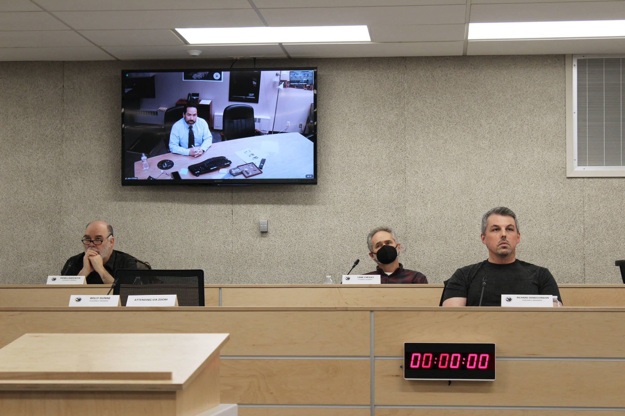 John O’Brien remotely addresses the Kenai Peninsula Borough Assembly on Tuesday, Feb. 2, 2021. (Ashlyn O’Hara/Peninsula Clarion)