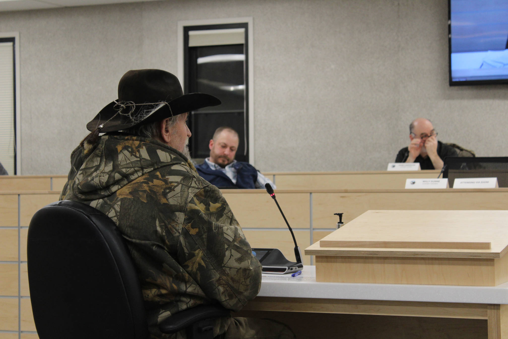 Robert Gibson testifies before the Kenai Peninsula Borough Assembly on Tuesday, Feb. 2 in Soldotna, Alaska. (Ashlyn O’Hara/Peninsula Clarion)