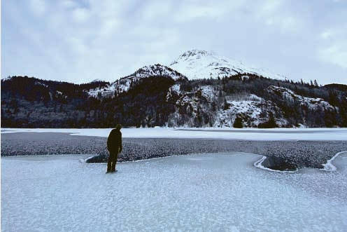 There are plenty of ways to travel in the winter. The author is seen here Nordic skating on Trail Lake in Moose Pass, Alaska. (Photo courtesy of Kat Sorensen)