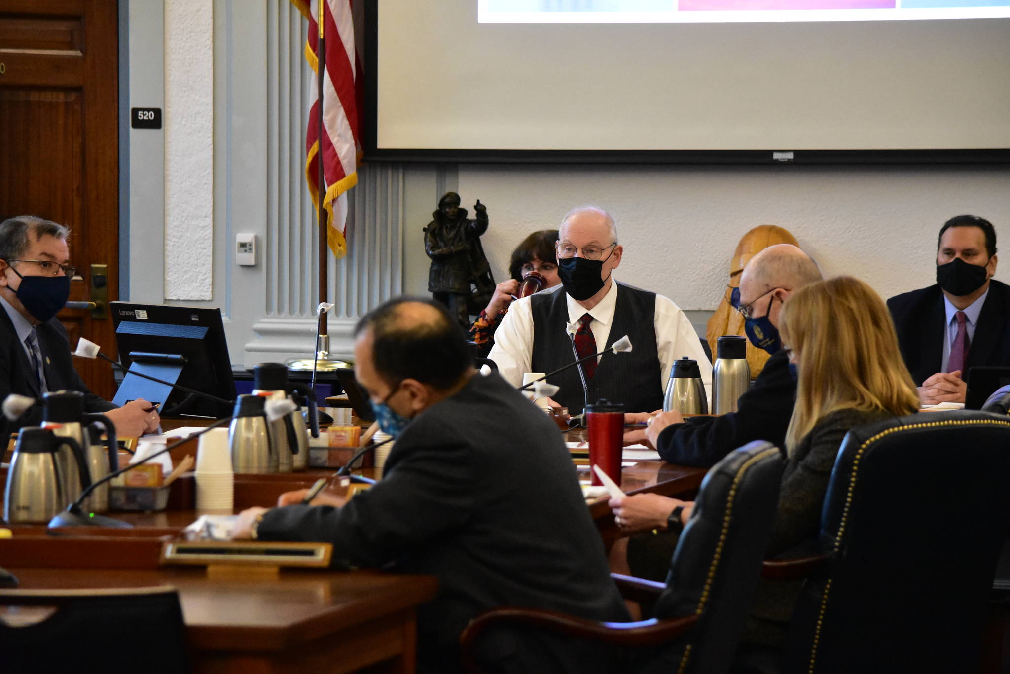 The Senate Finance Committee, seen here with chair Sen. Bert Stedman, R-Sitka, leading a meeting on Jan. 27, discussed Monday Gov. Mike Dunleavy’s propsoal for a $1.4 billion supplemental budget. Most of that money would go to paying out a supplemental Permanent Fund Dividend. (Peter Segall / Juneau Empire)