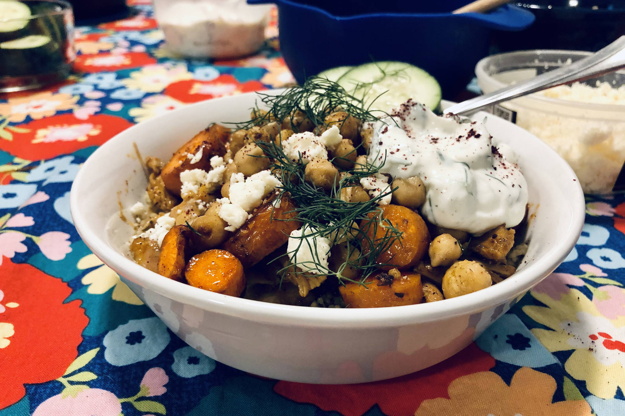 A Greek and Moroccan-inspired grain bowl made with elements of my favorite foods and flavors, photgraphed on Feb. 3, 2021, in Anchorage, Alaska. (Photo by Victoria Petersen/Peninsula Clarion)