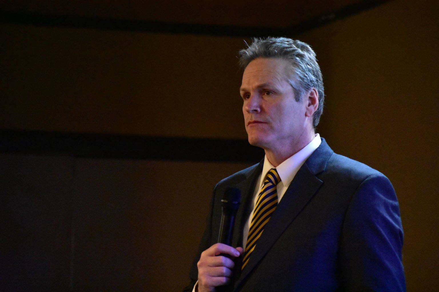 Gov. Mike Dunleavy speaks in Juneau in this February 2020 photo. (Peter Segall/ Juneau Empire File)