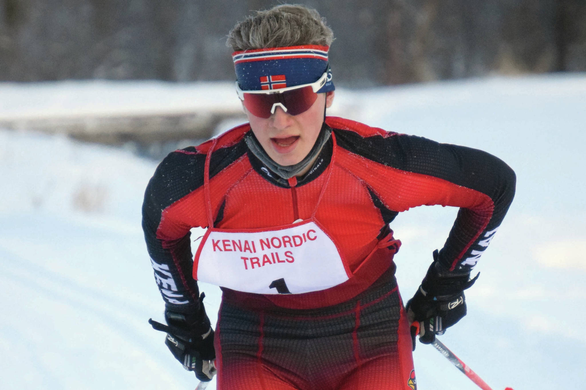 Tyler Hippchen competes at the Kenai Klassic on Saturday, Feb. 6, 2021, at the Kenai Nordic Trails in Kenai, Alaska. (Photo by Jeff Helminiak/Peninsula Clarion)