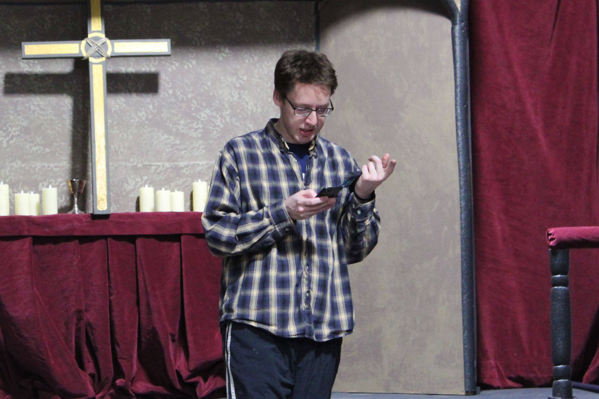 Paul Morin directs actors at the Kenai Performers’ black box theatre on Monday, Feb. 15, 2021 in Soldotna Alaska. (Ashlyn O’Hara/Peninsula Clarion)