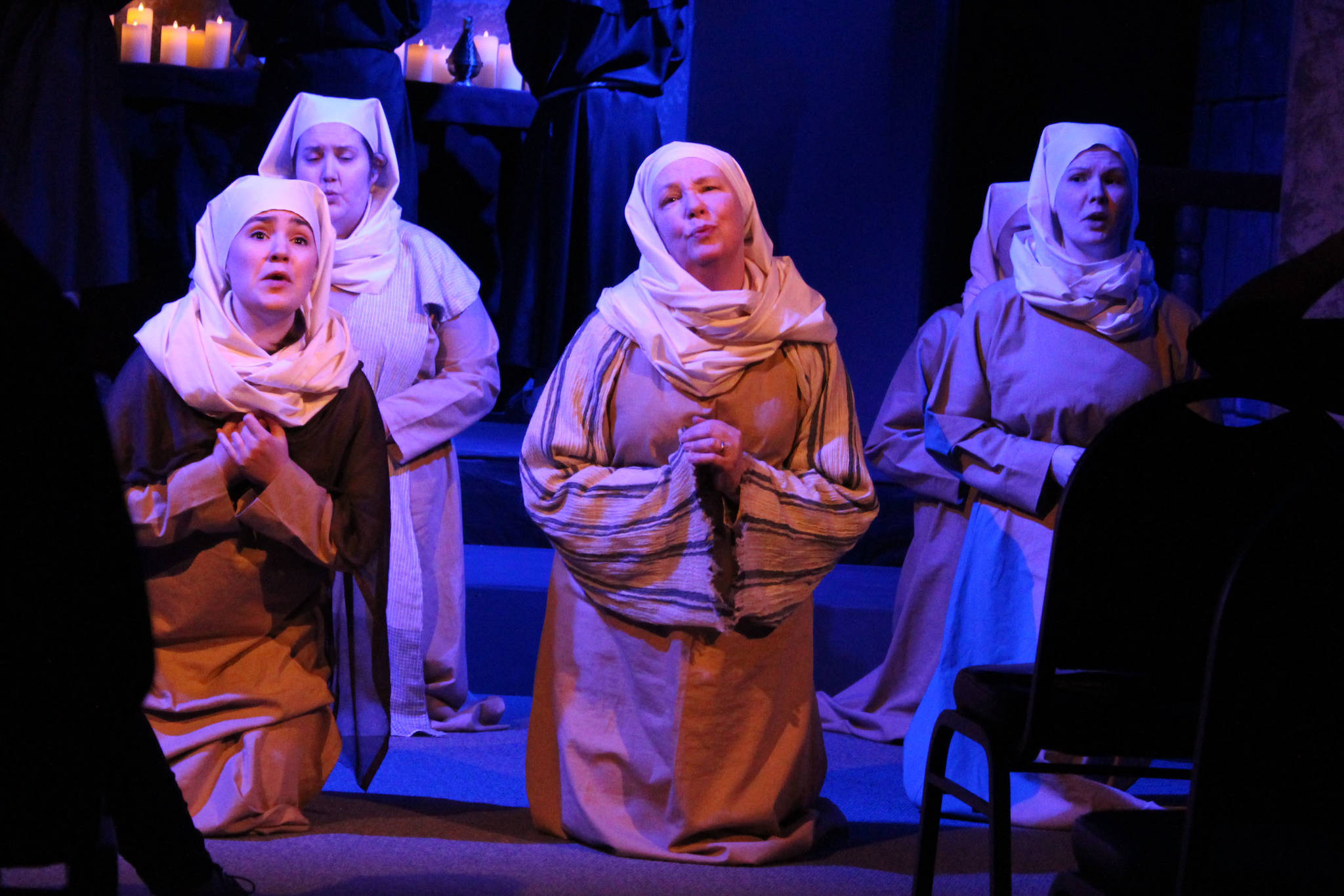 Actors portraying the Chorus of the Women of Canterbury rehearse on Monday, Feb. 15 in Soldotna, Alaska. (Ashlyn O’Hara/Peninsula Clarion)