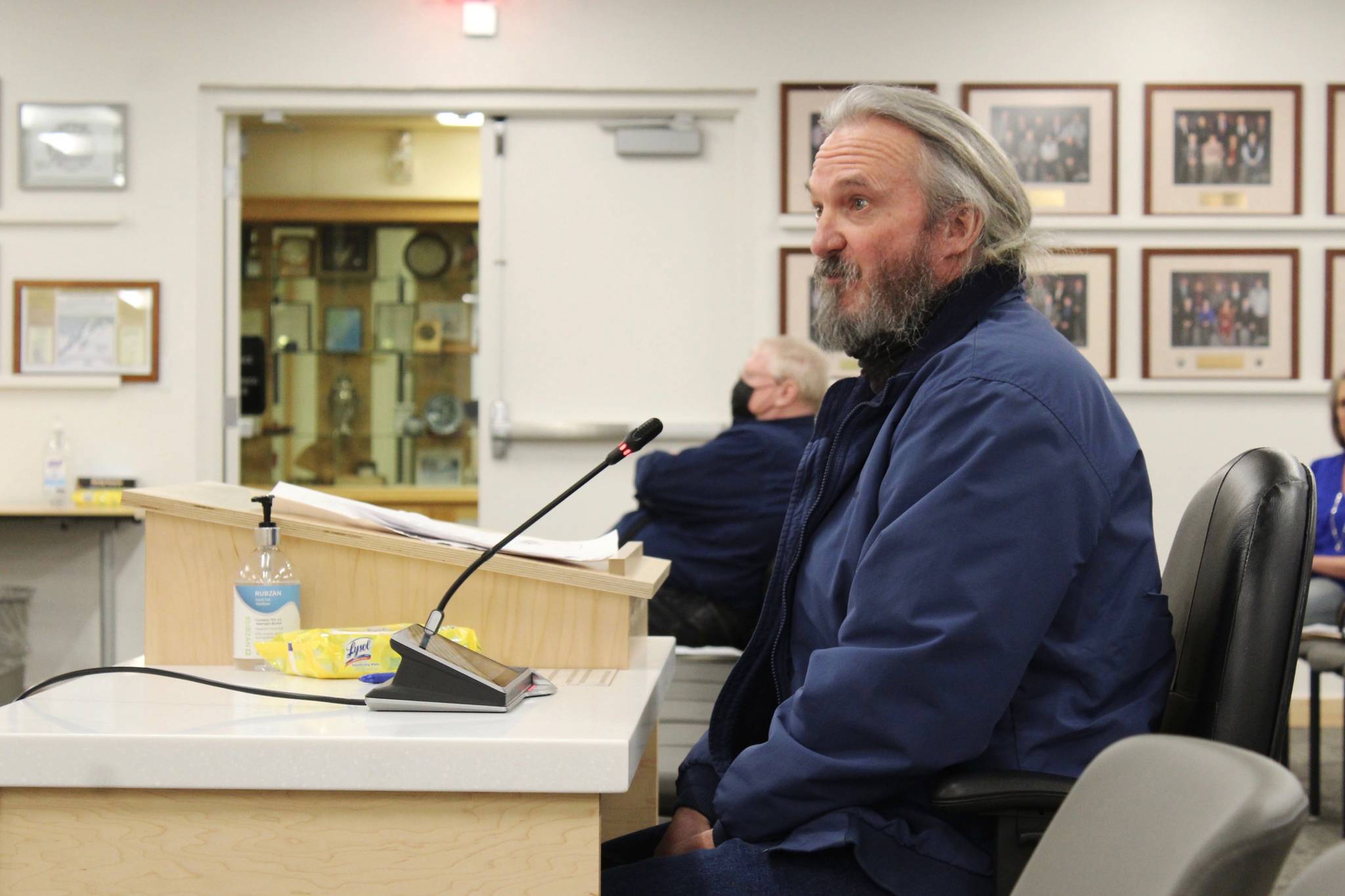 Michael Clements testifies before the Kenai Peninsula Borough Assembly on Tuesday, Feb. 16 in Soldotna, Alaska. (Ashlyn O’Hara/Peninsula Clarion)