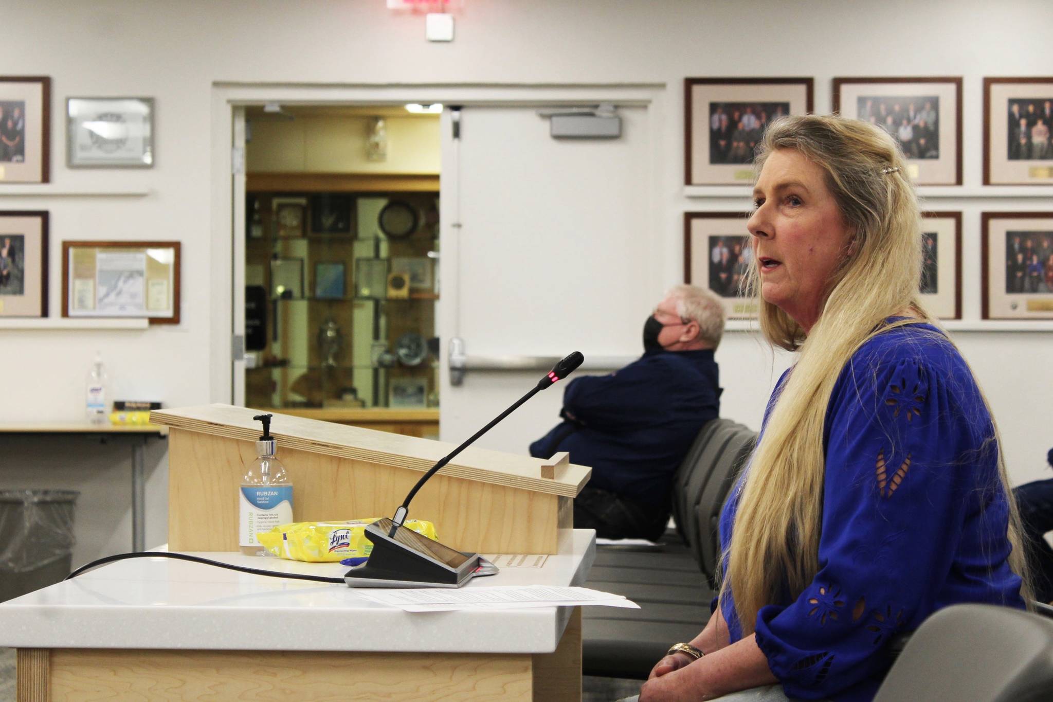 Peggy Clements testifies before the Kenai Peninsula Borough Assembly on Tuesday, Feb. 16 in Soldotna, Alaska. (Ashlyn O’Hara/Peninsula Clarion)