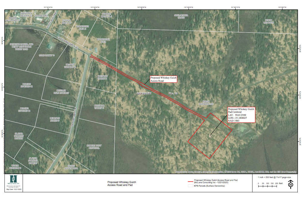 This map shows a proposed road and gravel pad that are part of Hilcorp Alaska’s application to drill gas exploration wells near Anchor Point, Alaska. (Image courtesy Alaska Department of Natural Resources, Division of Oil and Gas)