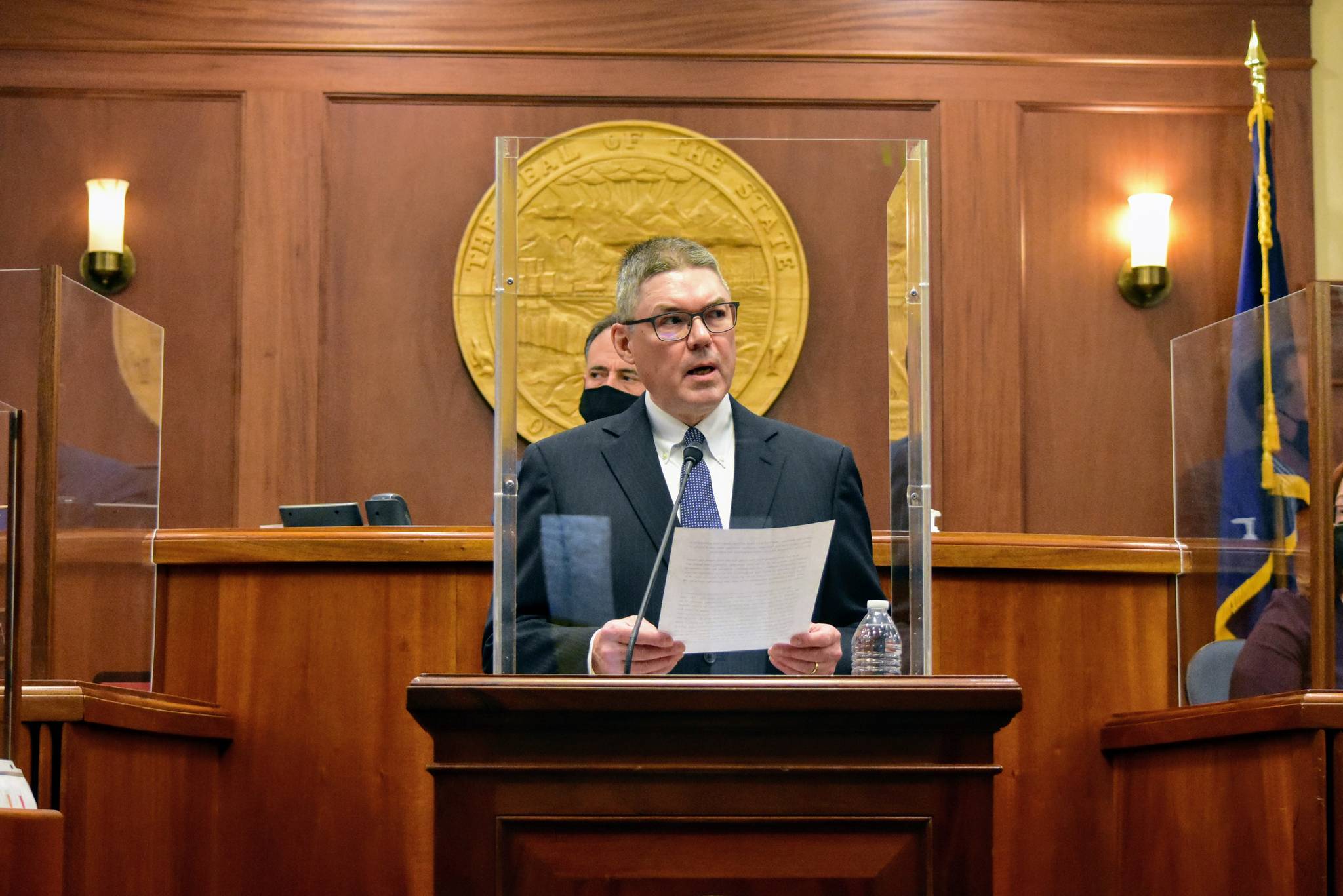 Peter Segall / Juneau Empire
Chief Justice of the Alaska Supreme Court Joel Bolger speaks from behind a plexiglass encased lectern Wednesday to deliver the State of the Judiciary address to state lawmakers. Despite complications posed by the pandemic, Bolger said Alaskan courts were still able to deliver services.