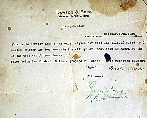 In 1920, two years after the killings in Kenai, William Dawson had a new business partner, Emil Berg. When they witnessed this bill of sale, both men signed their names to the document. (Image courtesy Clark Fair)