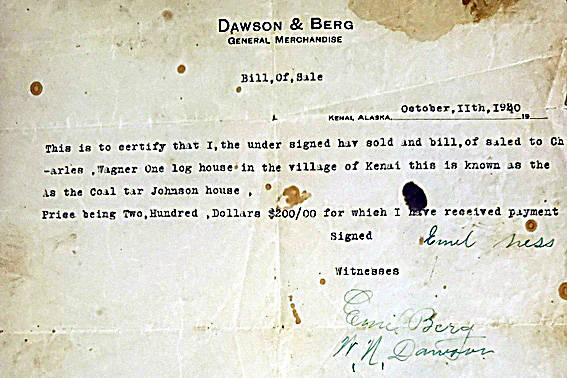 Image courtesy Clark Fair 
In 1920, two years after the killings in Kenai, William Dawson had a new business partner, Emil Berg. When they witnessed this bill of sale, both men signed their names to the document.