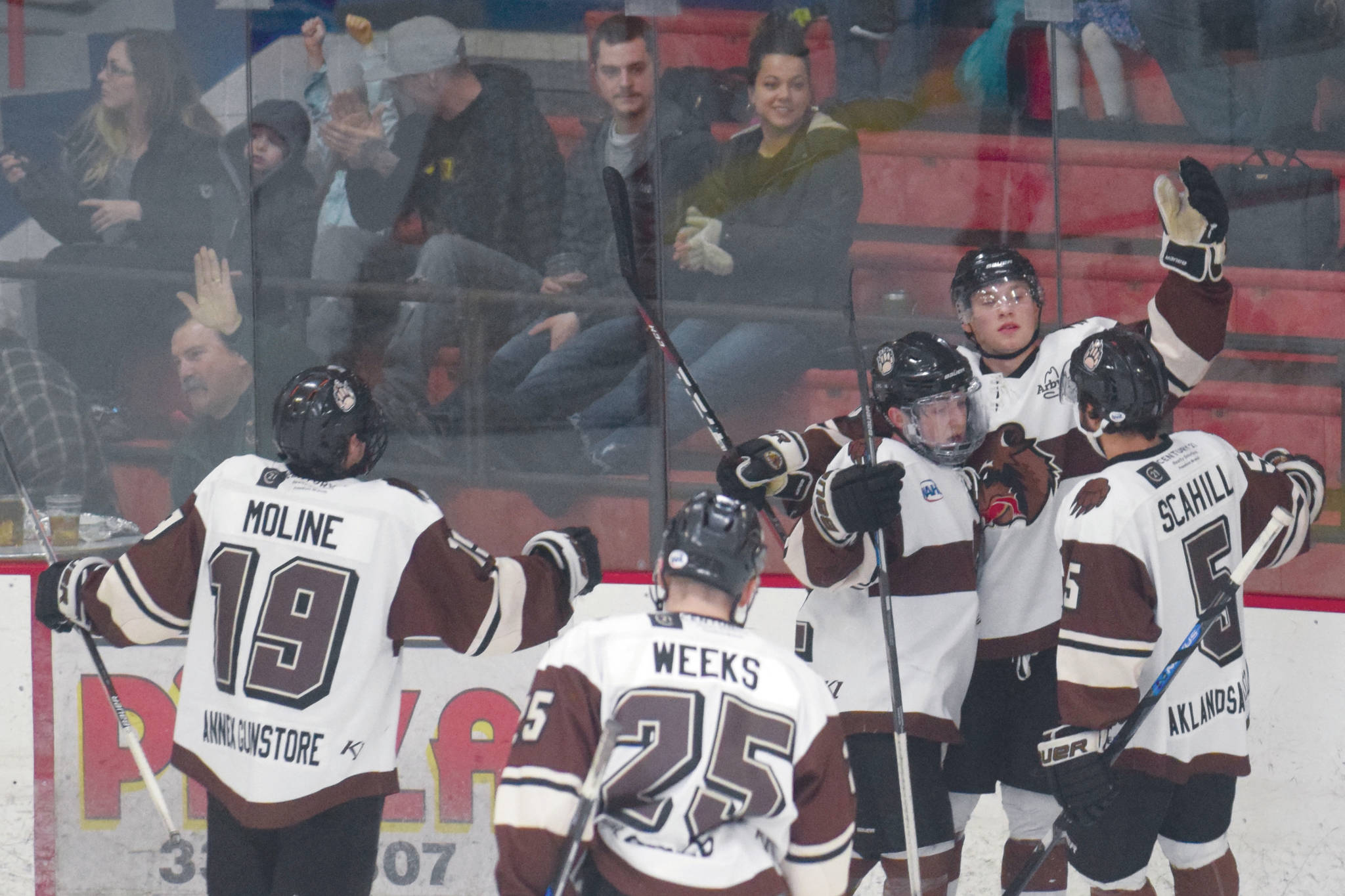 Kenai River Brown Bears forward Brandon Lajoie (arm raised) celebrates his first-period goal Friday, Jan. 17, 2020, against the Maine Nordiques at the Soldotna Regional Sports Complex in Soldotna, Alaska. (Photo by Jeff Helminiak/Peninsula Clarion)