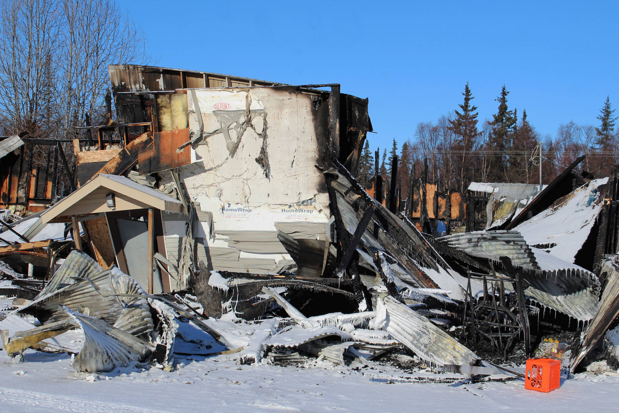 Triumvirate Theatre is pictured on Monday, Feb. 22, 2021 in Nikiski, Alaska. The building burned in a fire on Feb. 20. (Ashlyn O’Hara/Peninsula Clarion)