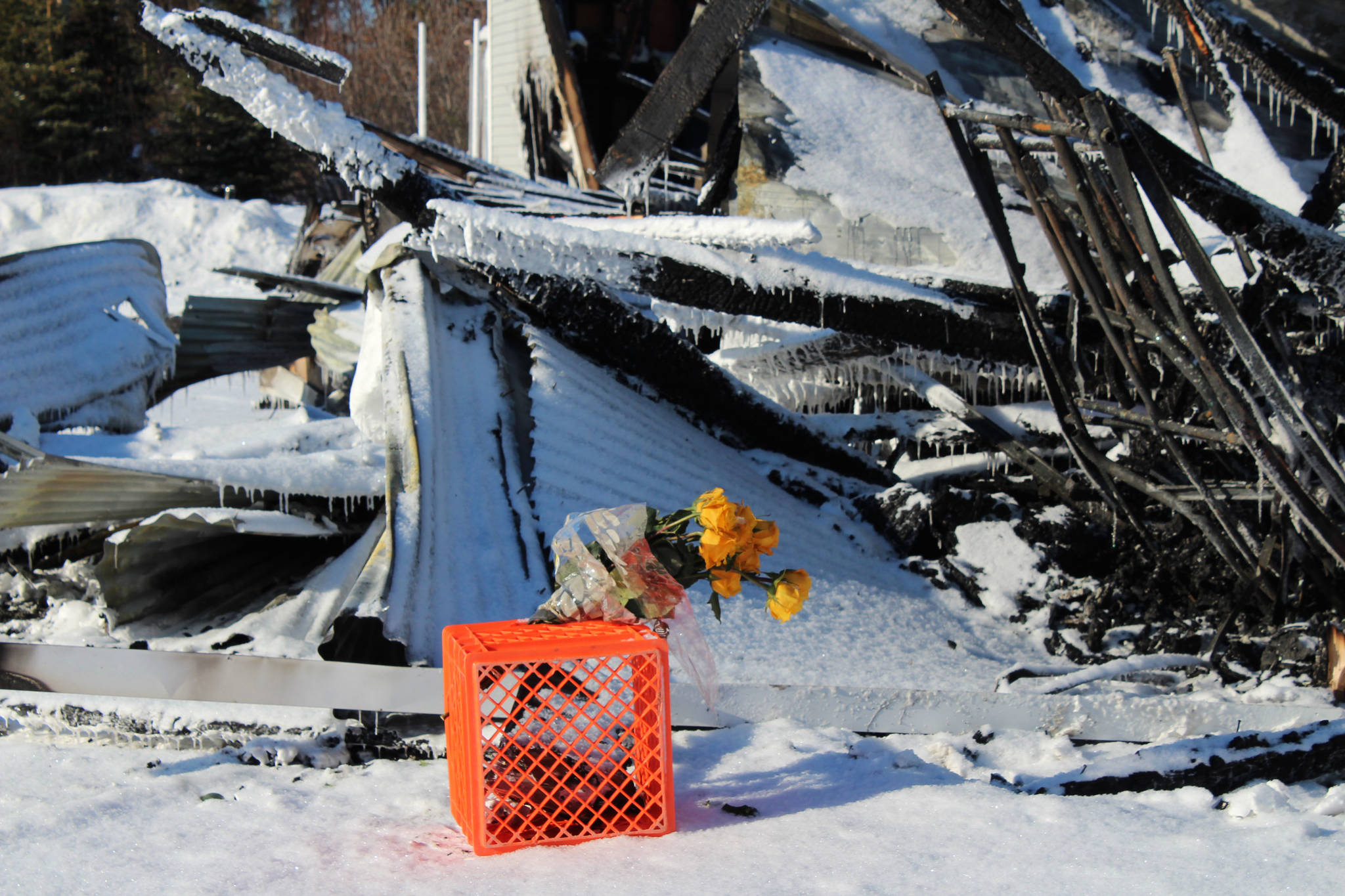 Triumvirate Theatre is seen on Monday, Feb. 22, 2021 in Nikiski, Alaska. The building burned in a fire on Feb. 20. (Ashlyn O’Hara/Peninsula Clarion)