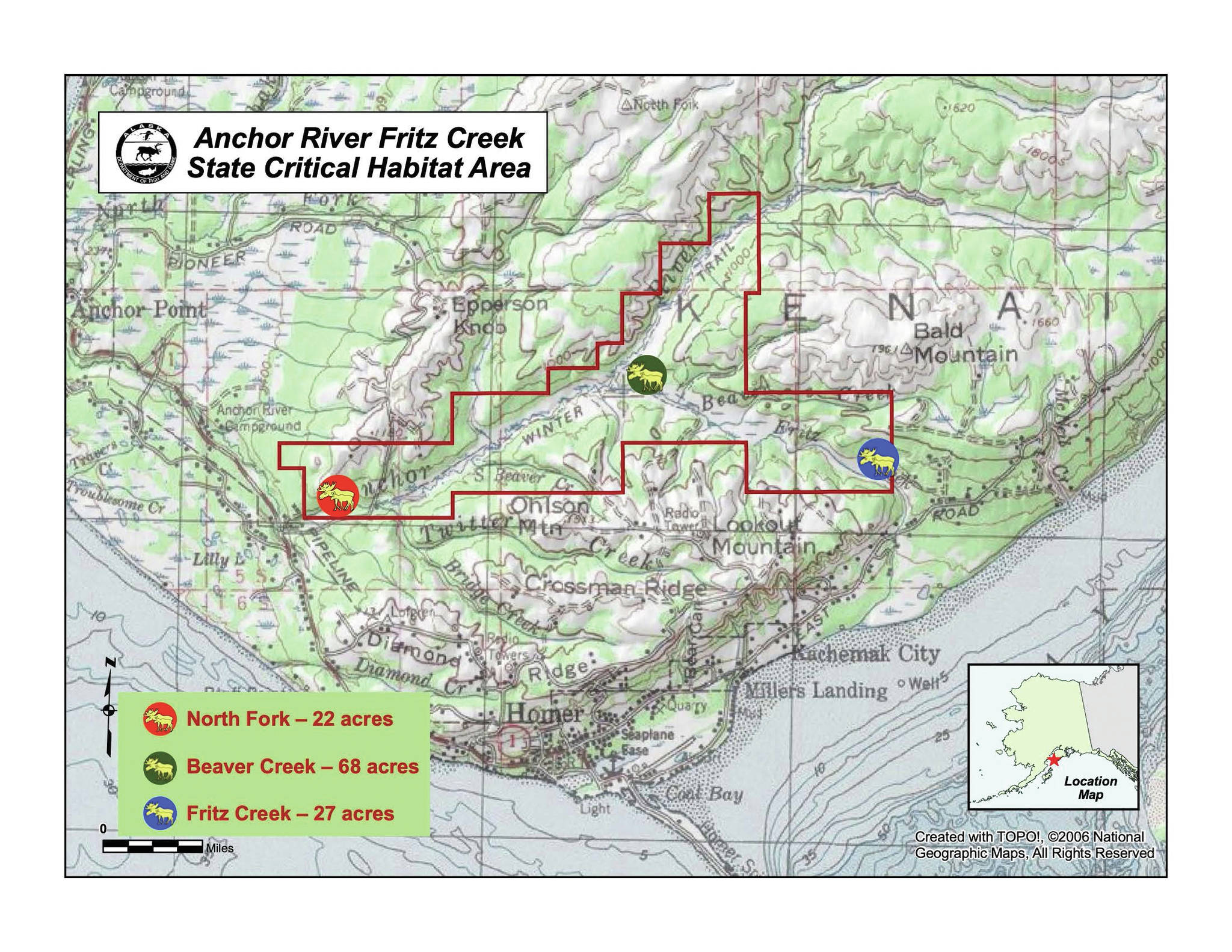 This undated map shows three wildlife enhancement projects on the southern Kenai Peninsula, Alaska, planned or done by the Alaska Department of Fish and Game. (Map courtesy of Alaska Department of Fish and Game)