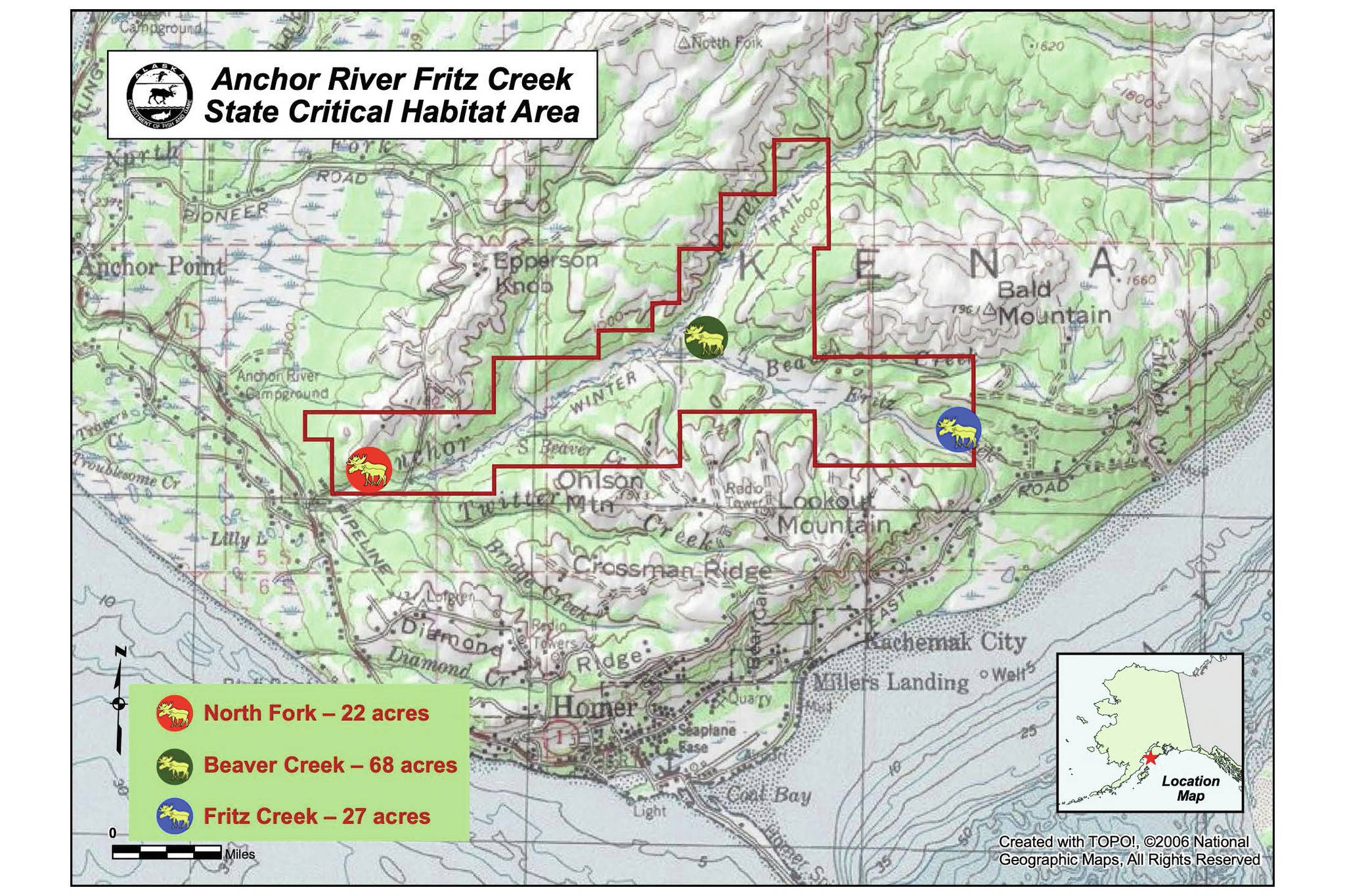 This undated map shows three wildlife enhancement projects on the southern Kenai Peninsula, Alaska, planned or done by the Alaska Department of Fish and Game. (Map courtesy of Alaska Department of Fish and Game)