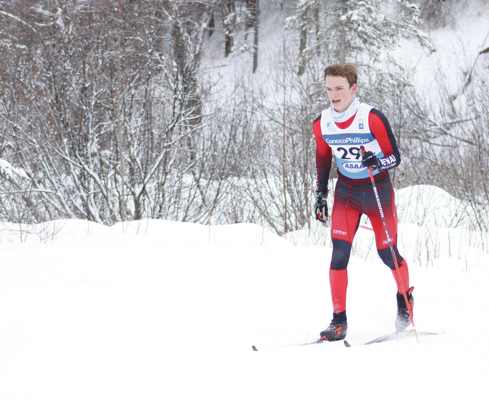 Kenai Central’s Tyler Hippchen competes at the state Nordic ski meet Thursday, Feb. 25, 2021, at Government Peak Recreation Area just north of Palmer, Alaska. (Photo by Tim Rockey/Frontiersman)