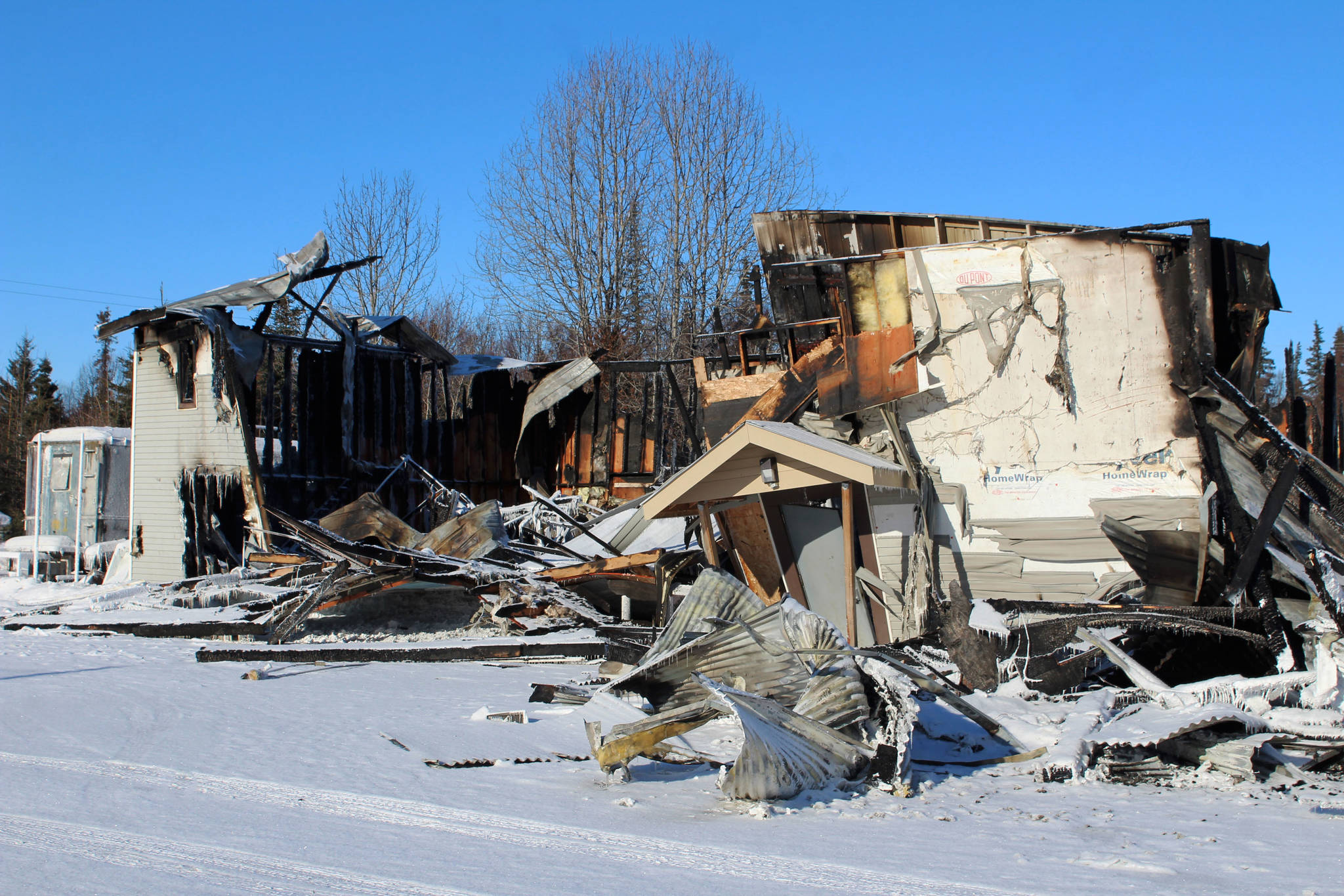 Triumvirate Theatre is seen on Monday, Feb. 22, 2021 in Nikiski, Alaska. The building burned in a fire on Feb. 20. (Ashlyn O’Hara/Peninsula Clarion)
Ashlyn O’Hara/Peninsula Clarion 
Triumvirate Theatre is seen on Monday, Feb. 22, 2021 in Nikiski, Alaska. The building burned in a fire on Feb. 20.