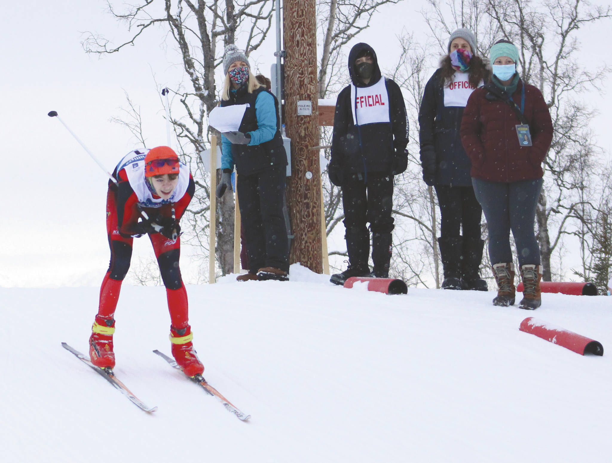 Kenai Central’s Gregory Fallon skis down a hill in the 10-kilometer freestyle Friday, Feb. 26, 2021, at the state Nordic ski meet at Government Peak Recreation Area just north of Palmer, Alaska. (Photo by Tim Rockey/Frontiersman)