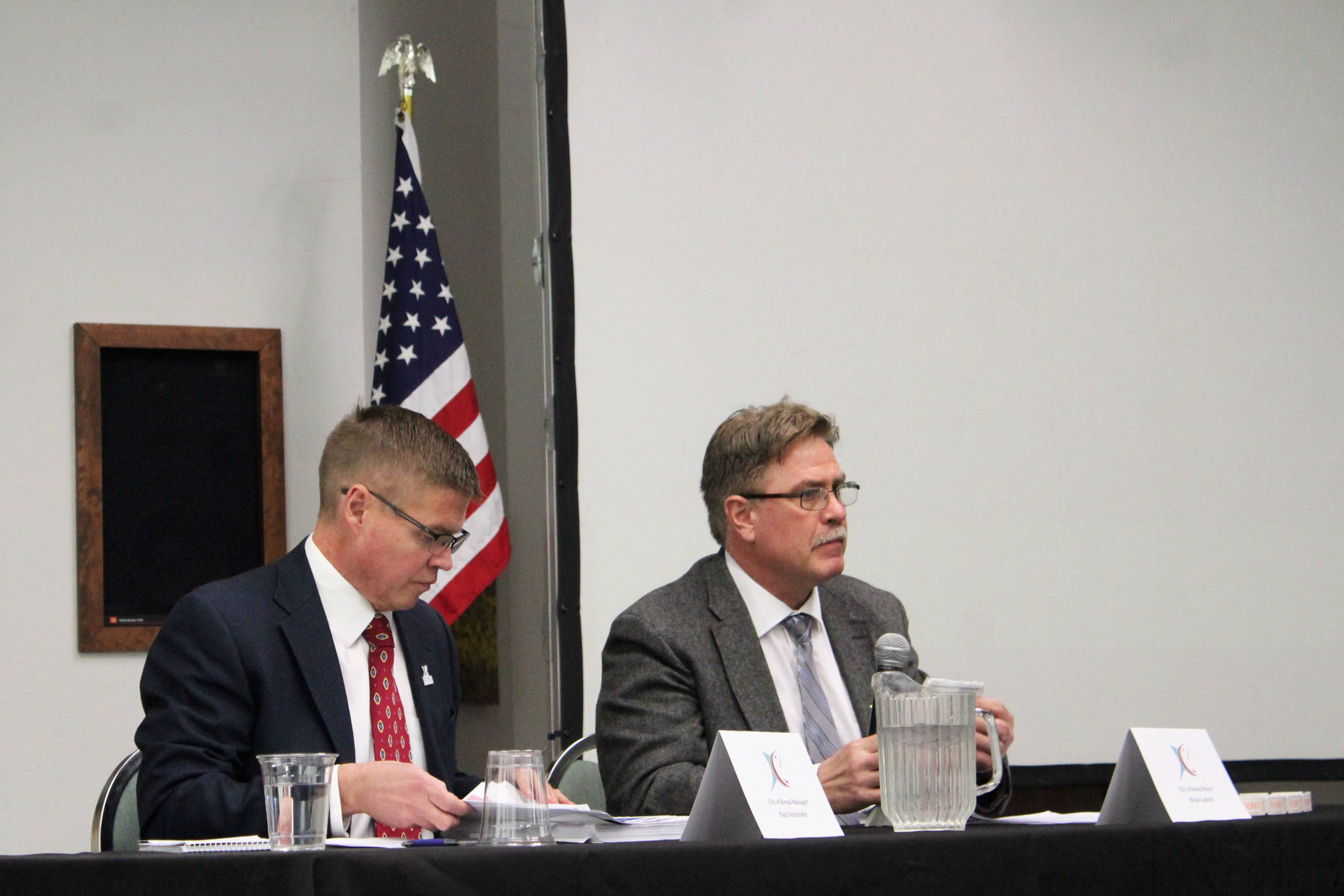 Ashlyn O’Hara/Peninsula Clarion
Kenai City Manager Paul Ostrander (left) and Kenai Mayor Brian Gabriel present their 2021 “State of the City” address on Wednesday in Kenai.