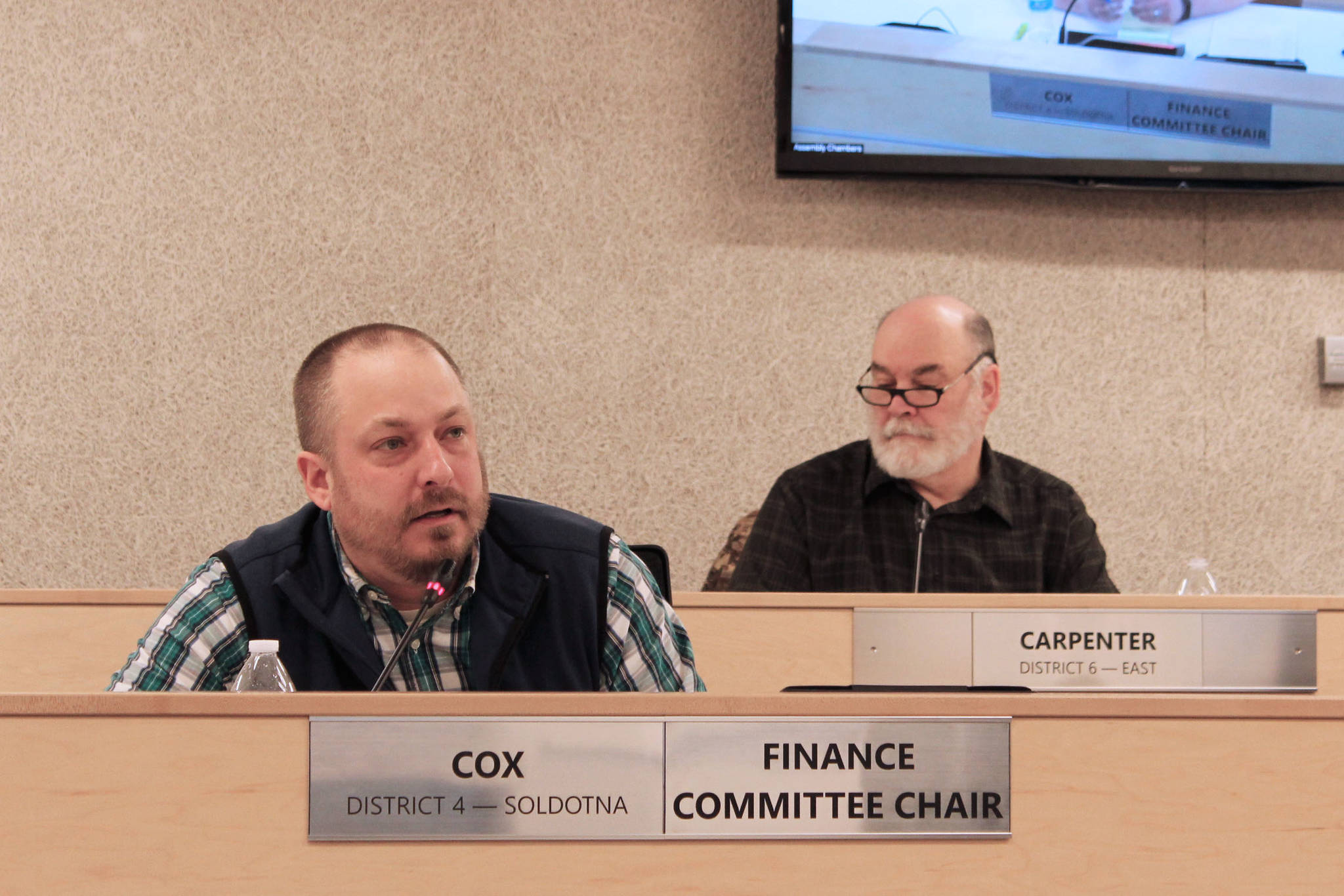 Assembly Member Tyson Cox speaks during a Kenai Peninsula Borough Assembly meeting on Tuesday, March 2 in Soldotna, Alaska. (Ashlyn O’Hara/Peninsula Clarion)