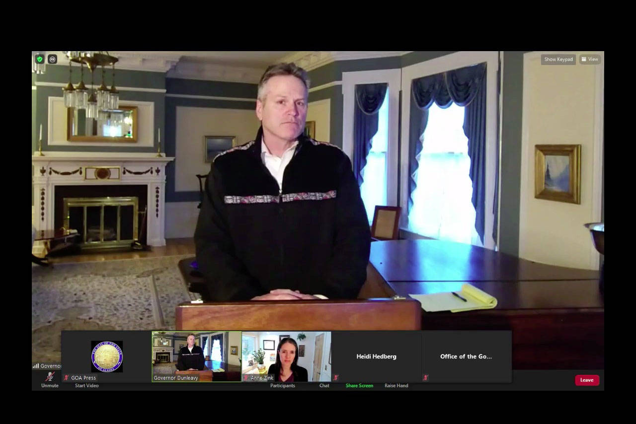 Gov. Mike Dunleavy addresses Alaskans during a remote press conference on Tuesday, March 9, 2021. Dunleavy announced that the COVID-19 vaccine is now available to all Alaskans who want it. (Screenshot)