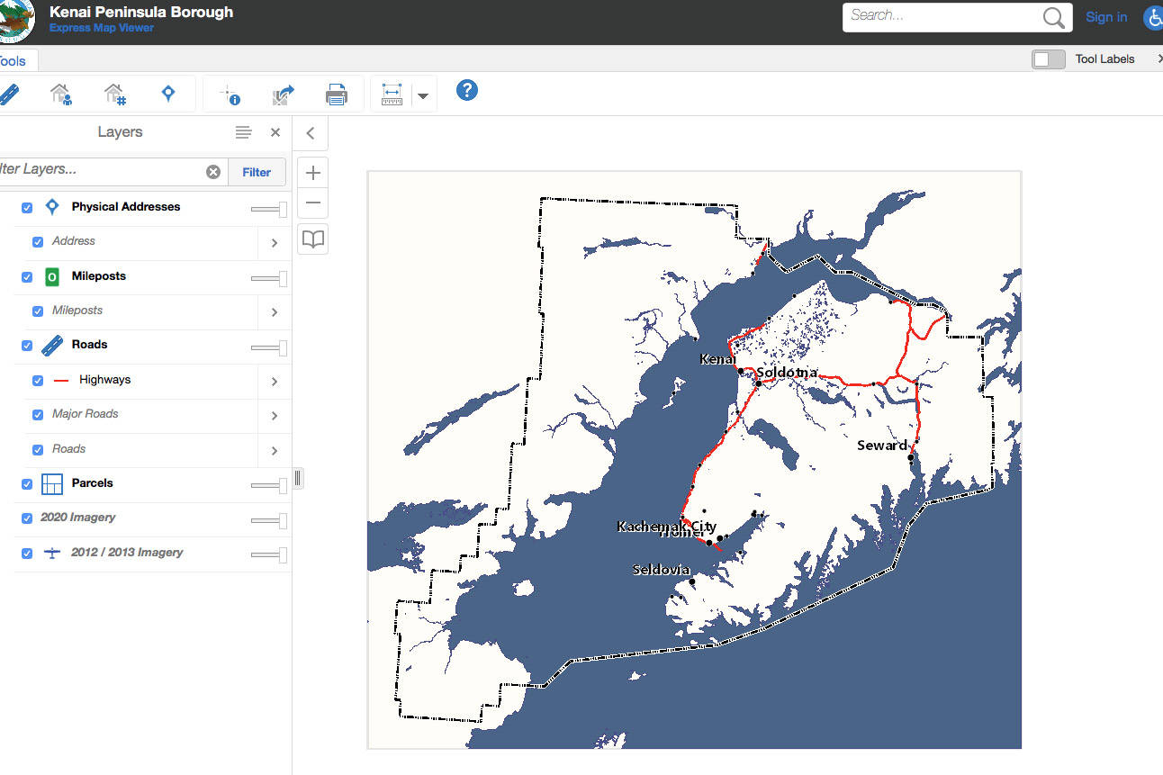 Kenai Peninsula Borough Express Map Viewer website homepage. (Screenshot)