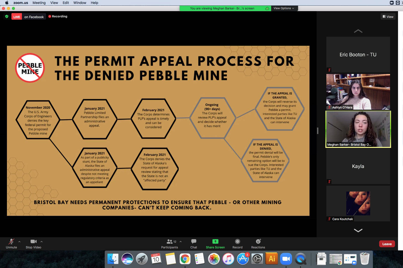 Meghan Barker presents information about Pebble Mine during a remote series on Wednesday, March 10, 2021. (Screenshot)