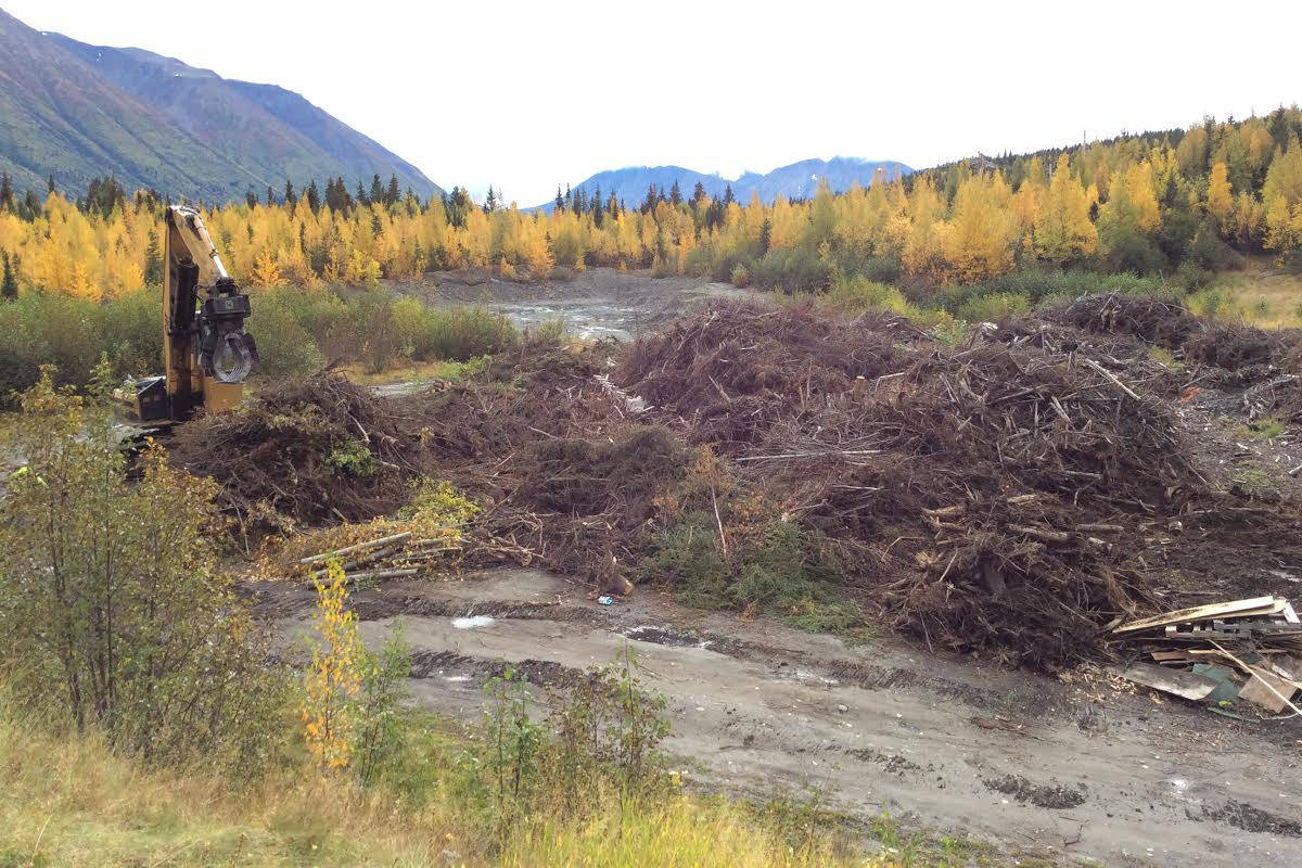 A slash pile containing non-organic construction debris is seen at the Snug Harbor Slash Disposal site on Sept. 22, 2020 in Cooper Landing, Alaska. (Photo courtesy Kenai Peninsula Borough Lang Management)