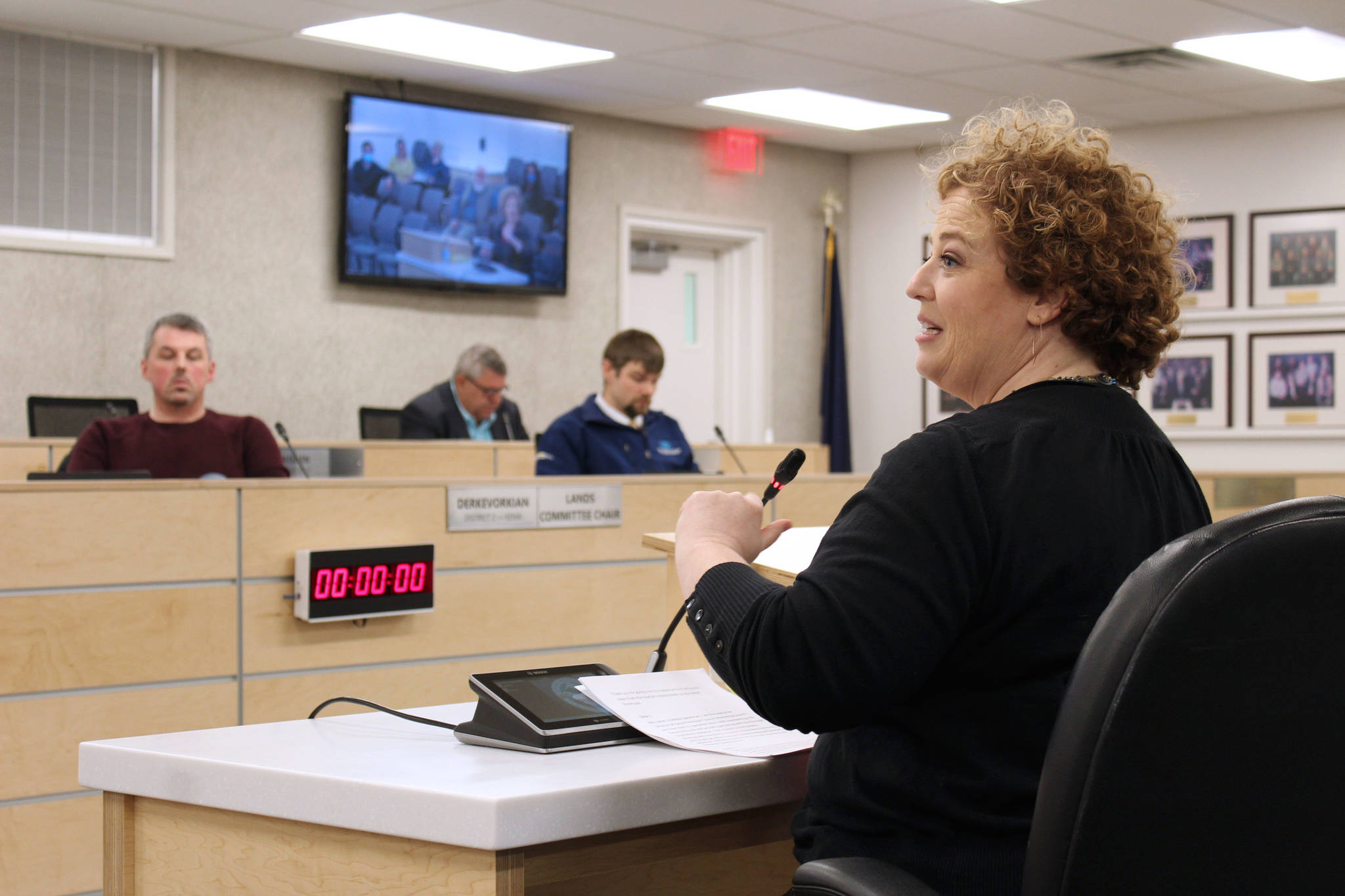 Kenai Peninsula Tourism and Marketing Council Executive Director Debbie Speakman presents to the Kenai Peninsula Borough Assembly on Tuesday, March 2 in Soldotna, Alaska. (Ashlyn O’Hara/Peninsula Clarion)