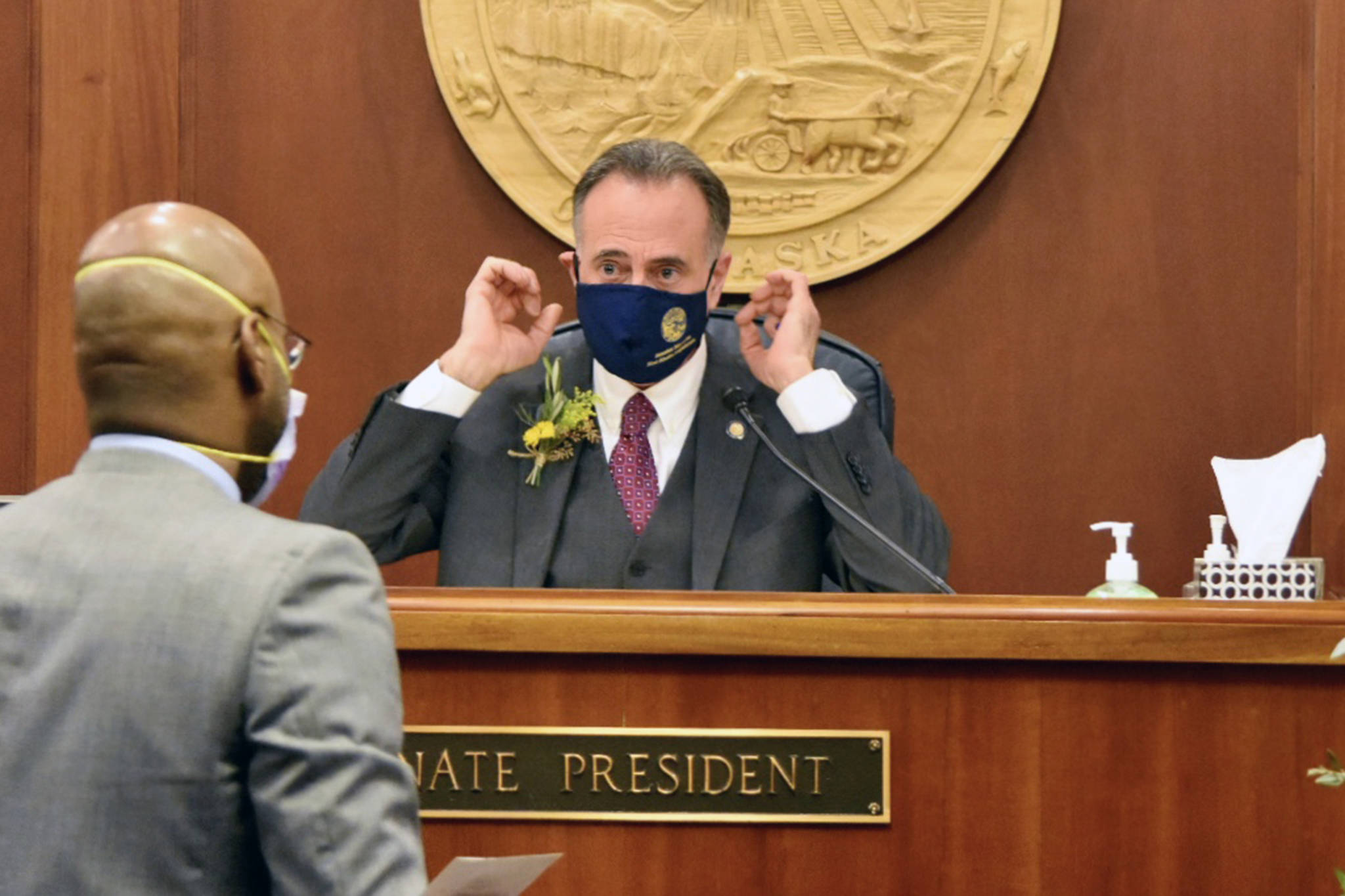 Senate President Peter Micciche, R-Soldotna, speaks with Sen. David Wilson, R-Wasilla, after being unanimously elected to the position on Tuesday, Jan. 19, 2021. (Peter Segall / Juneau Empire, Pool)
Newly elected Senate President Peter Micciche, R-Soldotna, speaks with Sen. David Wilson, R-Wasilla, after being unanimously elected to the position on Tuesday, Jan. 19, 2021. (Peter Segall / Juneau Empire, Pool)