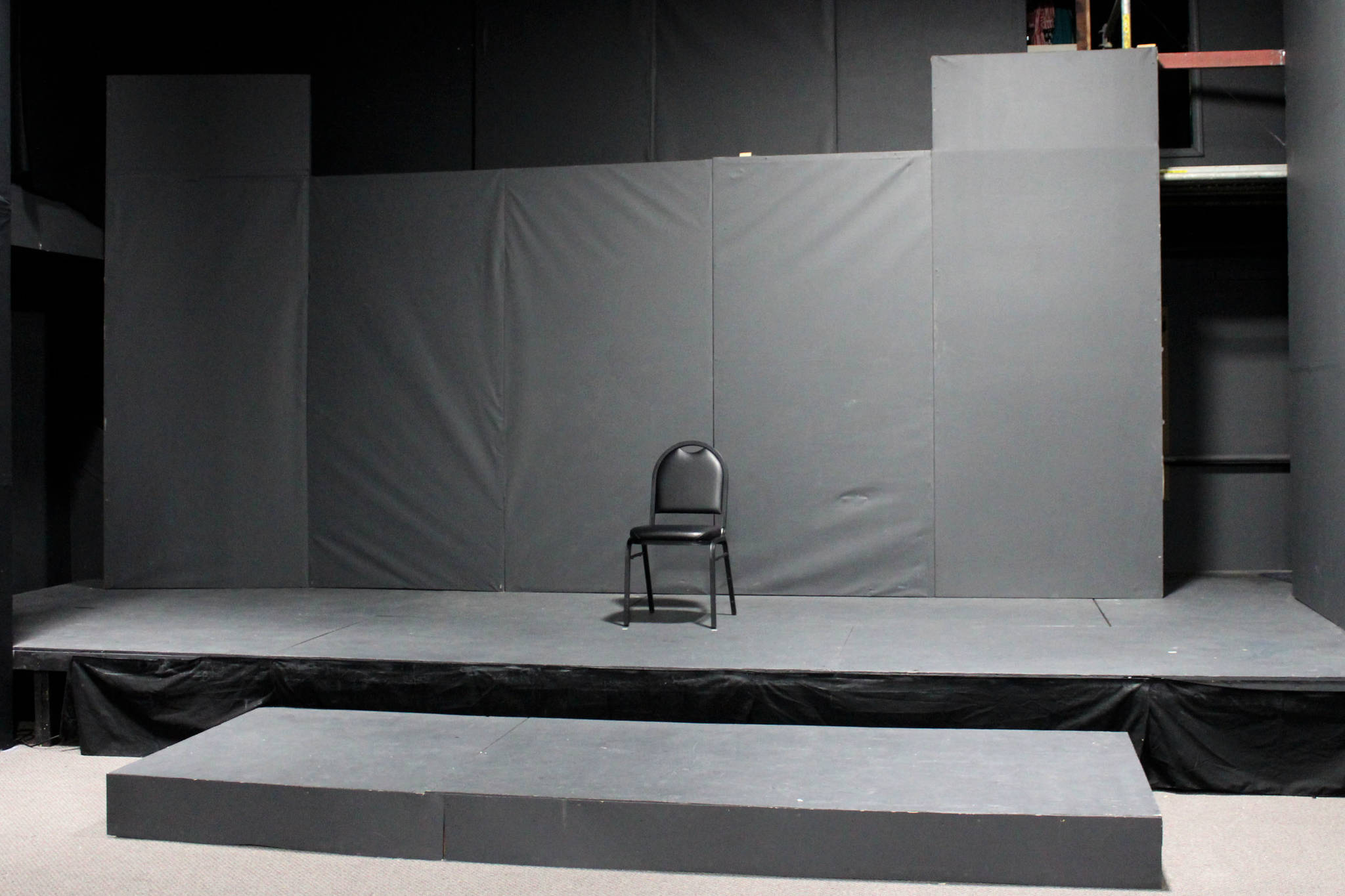 The stage for “Grounded” is seen inside of the Kenai Performers’ black box theatre on Monday, March 15, 2021, in Soldotna, Alaska. (Ashlyn O’Hara/Peninsula Clarion)