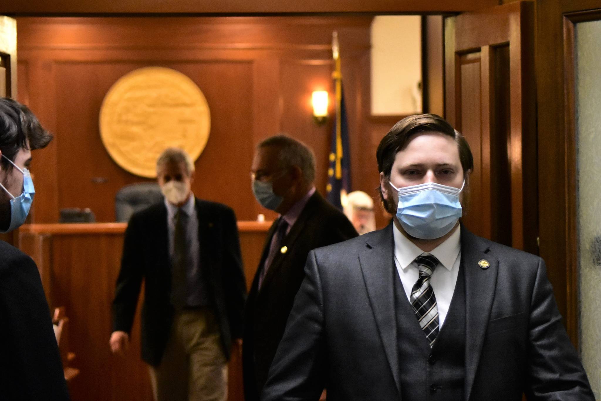 Rep. Christopher Kurka, R-Wasilla, seen here leaving the House chambers on Feb. 22, questioned masking rules on the floor of the House Monday and said there was political bias behind enforcement of rules. However, also on Monday two staff members tested positive for COVID-19 and 14 other people, including two House lawmakers, have gone into quarantine. (Peter Segall / Juneau Empire)