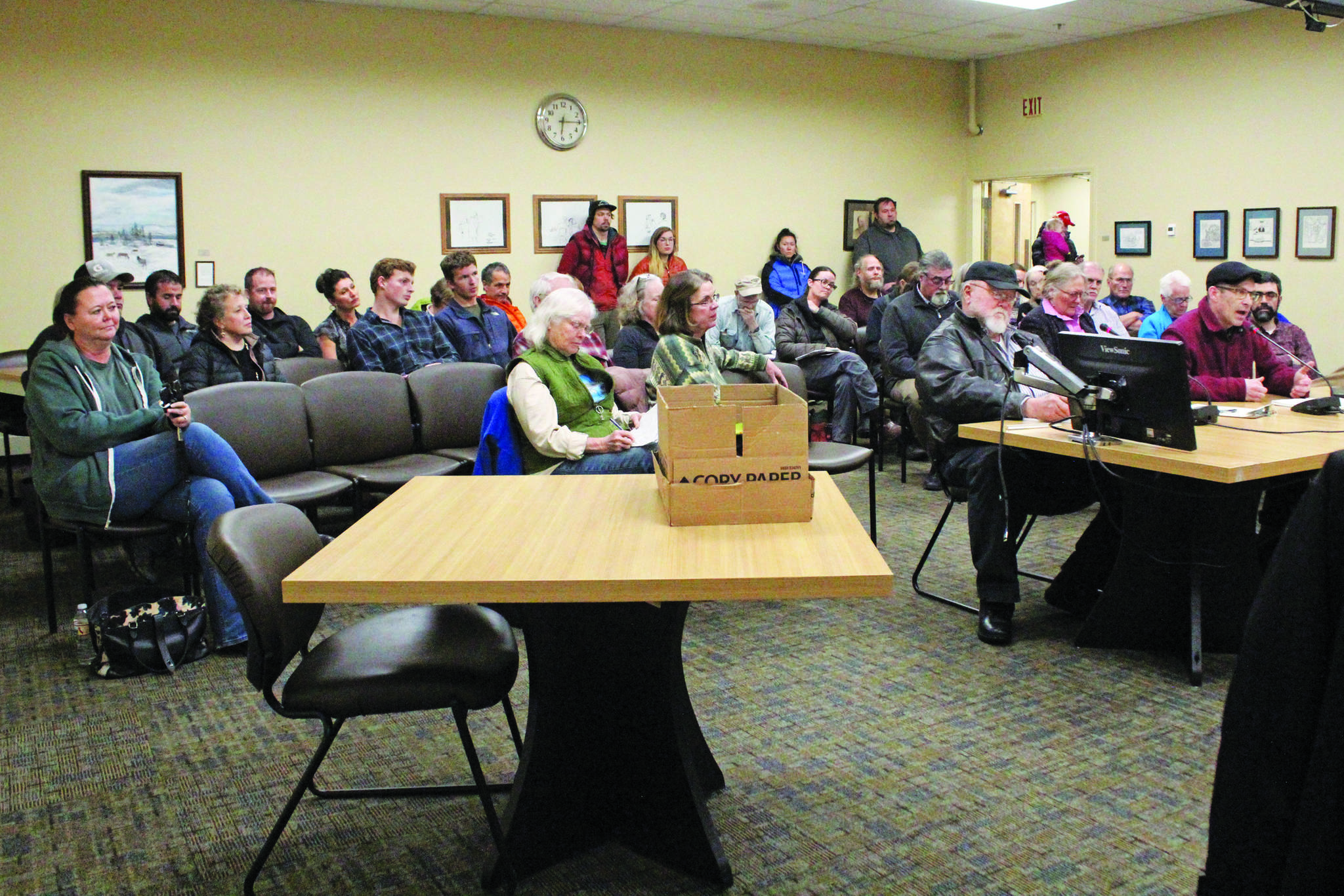 Members of the community give public testimony about a Homer City Council resolution dealing with the Alaska Department of Fish and Game’s proposal to repeal the ban on personal watercraft in critical habitat areas of Kachemak Bay during the Monday, Jan. 13, 2020 council meeting at Homer City Hall in Homer, Alaska. (Photo by Megan Pacer/Homer News)