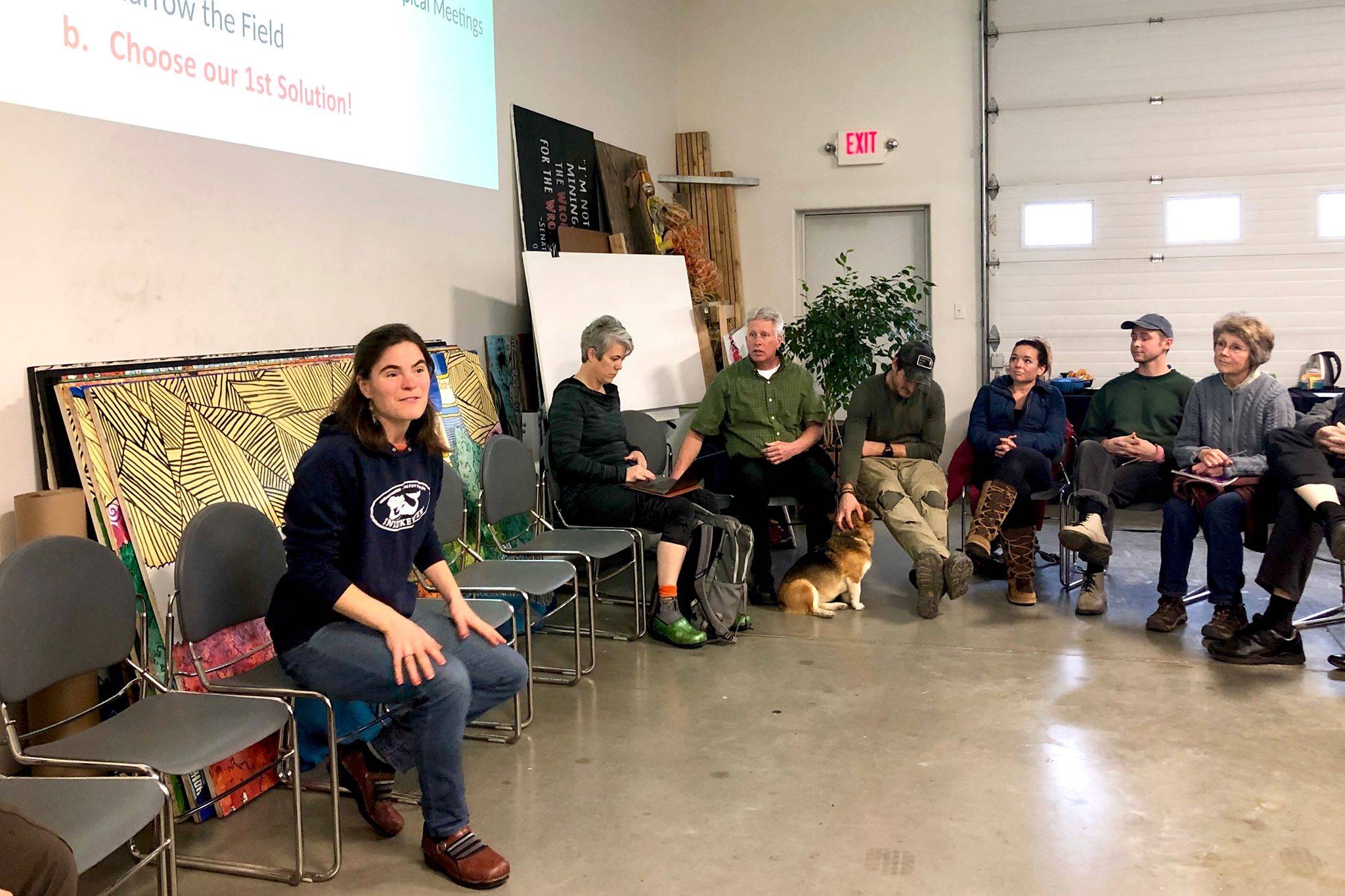 Kaitlin Vadla, Kenai regional director of Cook Inletkeeper, facilitates the final community Drawdown: Climate Series event, Tuesday, Oct. 15, 2019, near Soldotna, Alaska. (Photo by Victoria Petersen/Peninsula Clarion)