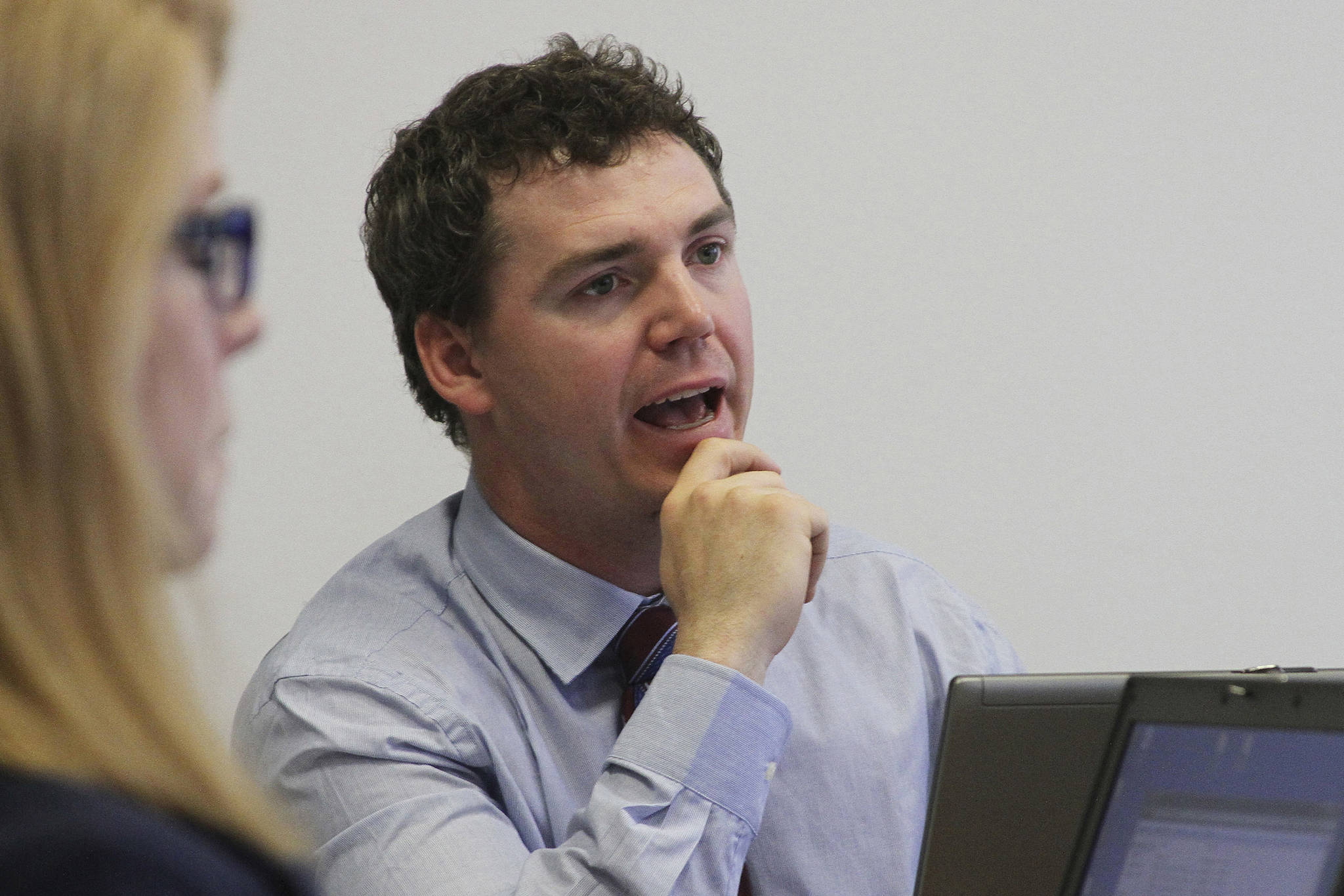 In this June 9, 2016, file photo shows then-Alaska Marijuana Control Board member Brandon Emmett at the board’s meeting in Anchorage, Alaska. Regulators amid much fanfare in early 2020 approved the first cannabis lounges in Alaska. It was a milestone for the state’s legal marijuana industry. Then the pandemic hit. An owner of one of the shops hopes to open later this year. An owner of the other said his shop opened briefly last fall before having to hit pause amid a surge in COVID-19 cases across the state. Emmett, a former member of the Marijuana Control Board who strongly advocated for rules to allow onsite use, said he thinks the number of cannabis lounges or cafes in the state will be limited “for at least a couple years.” (AP Photo/Mark Thiessen, File)