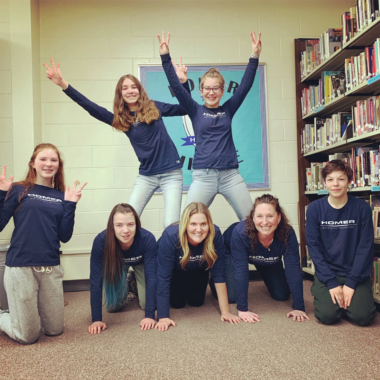 Homer Middle School Principal Kari Dendurent (second from right) has fun with her students in this undated photo at the school in Homer, Alaska. (Photo courtesy Kari Dendurent)