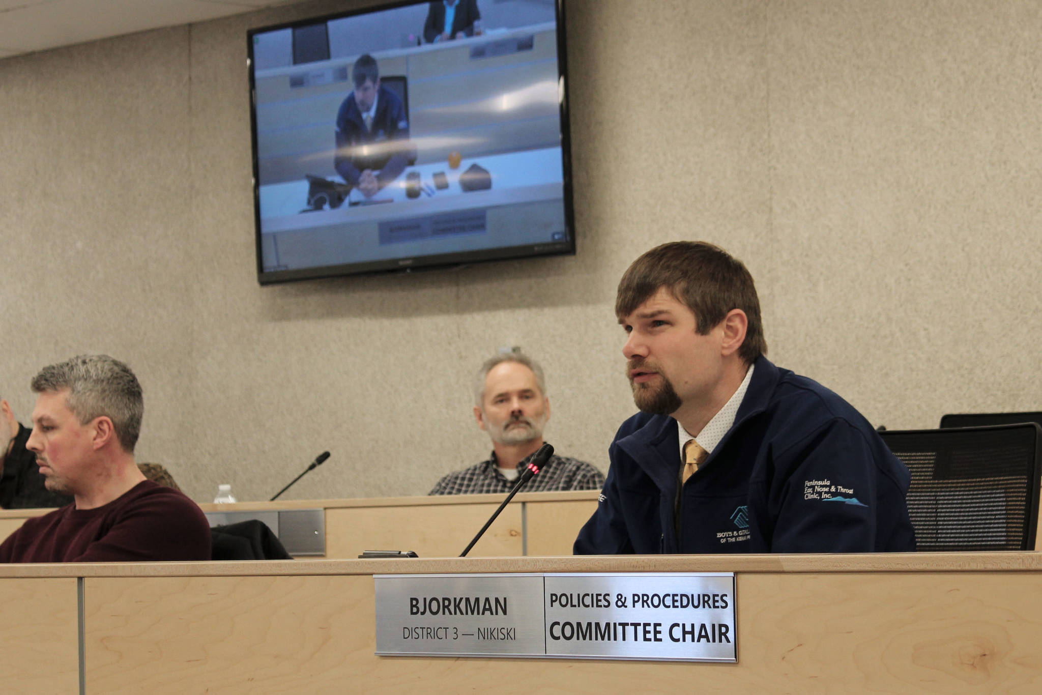 Jesse Bjorkman speaks at a borough work session on Tuesday, March 2 in Soldotna, Alaska. (Ashlyn O’Hara/Peninsula Clarion)