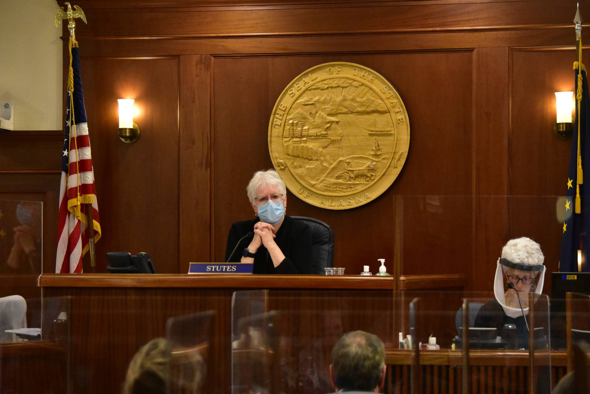 House Speaker Louise Stutes, R-Kodiak, listens to representatives debate a COVID-19 disaster declaration on Thursday, March 25, 2021. (Peter Segall / Juneau Empire)