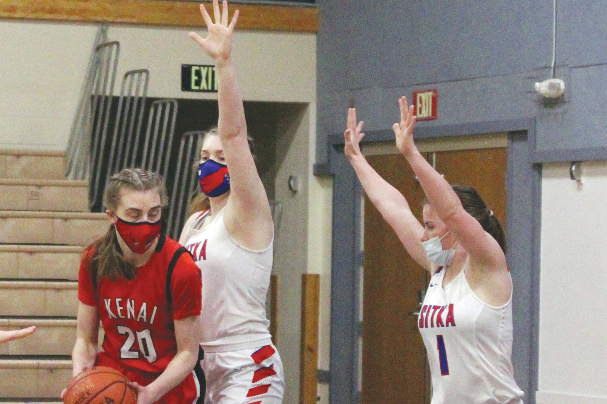 Kenai Central's Erin Koziczkowski posts up on Sitka on Thursday, March 25, 2021, at the Class 3A girls state tournament at Palmer Middle School in Palmer, Alaska. (Photo by Tim Rockey/Frontiersman)