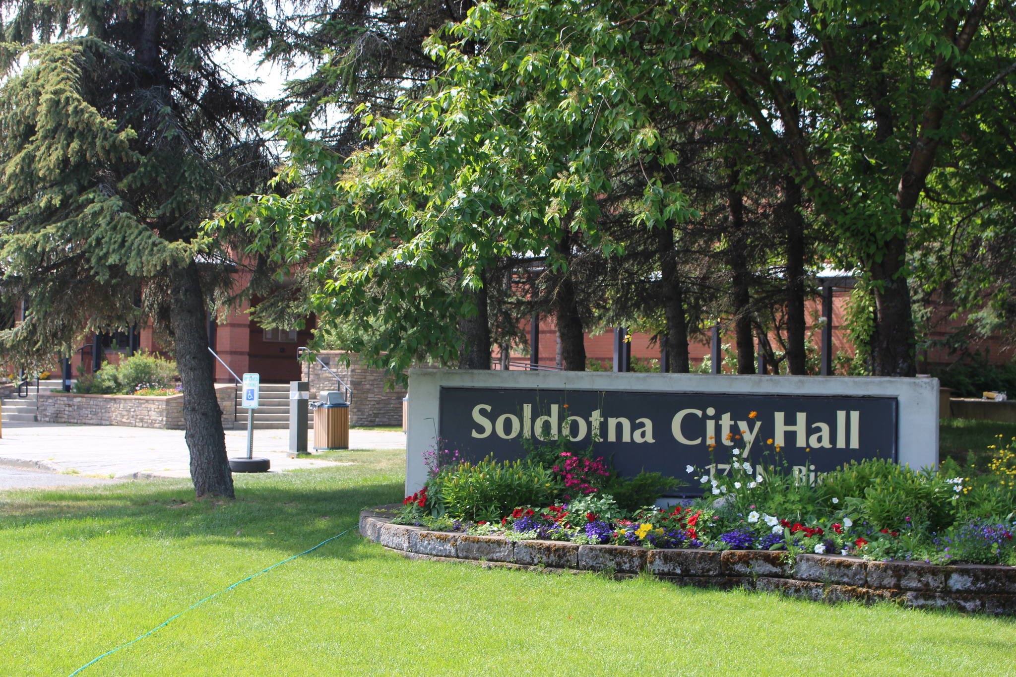 The sign outside Soldotna City Hall is seen on July 16, 2020. (Photo by Brian Mazurek/Peninsula Clarion)