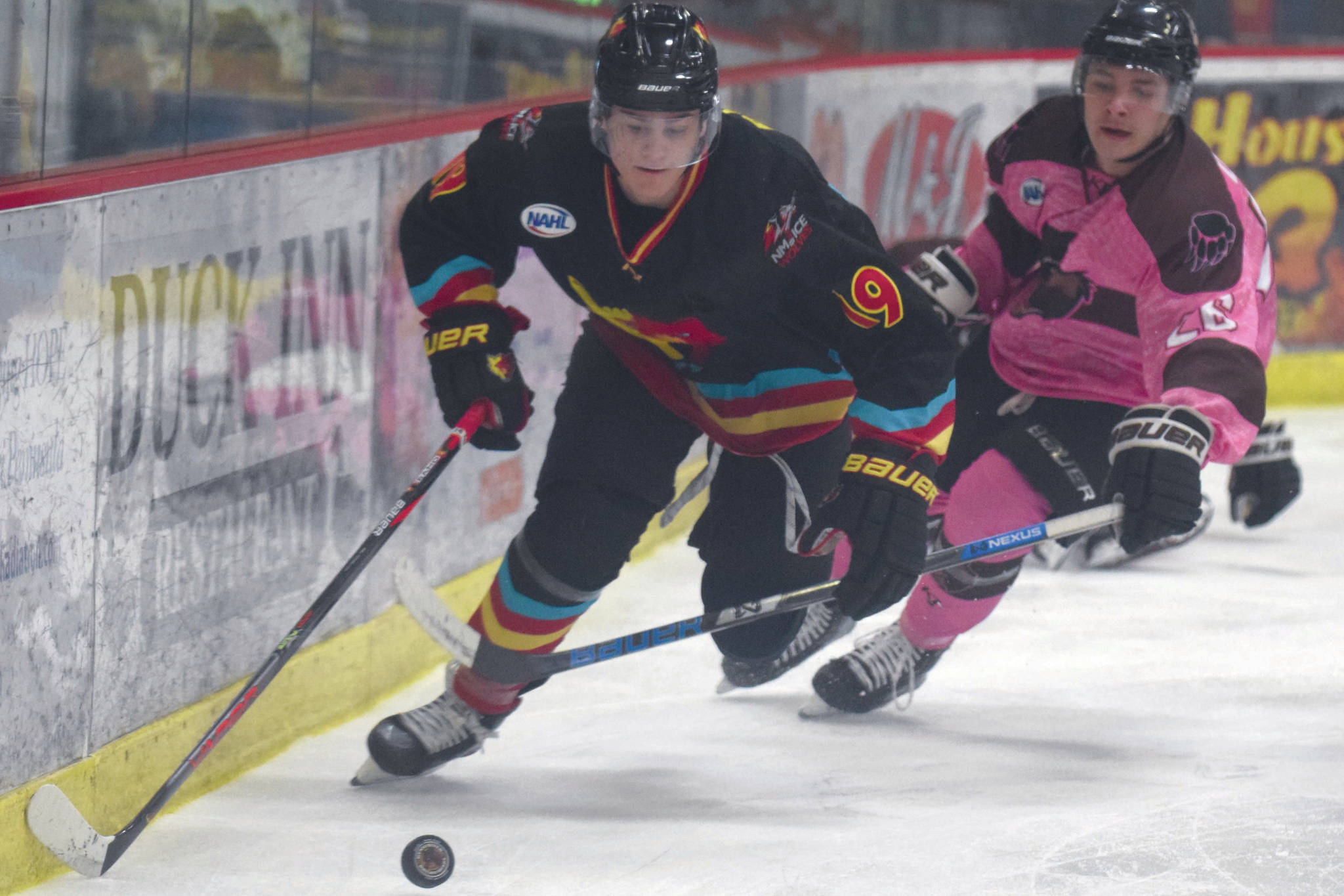 New Mexico Ice Wolves forward Tristan Rand shields the puck from Kenai River Brown Bears forward Daymin Dodge on Friday, Jan. 24, 2020, at the Soldotna Regional Sports Complex in Soldotna, Alaska. (Photo by Jeff Helminiak/Peninsula Clarion)